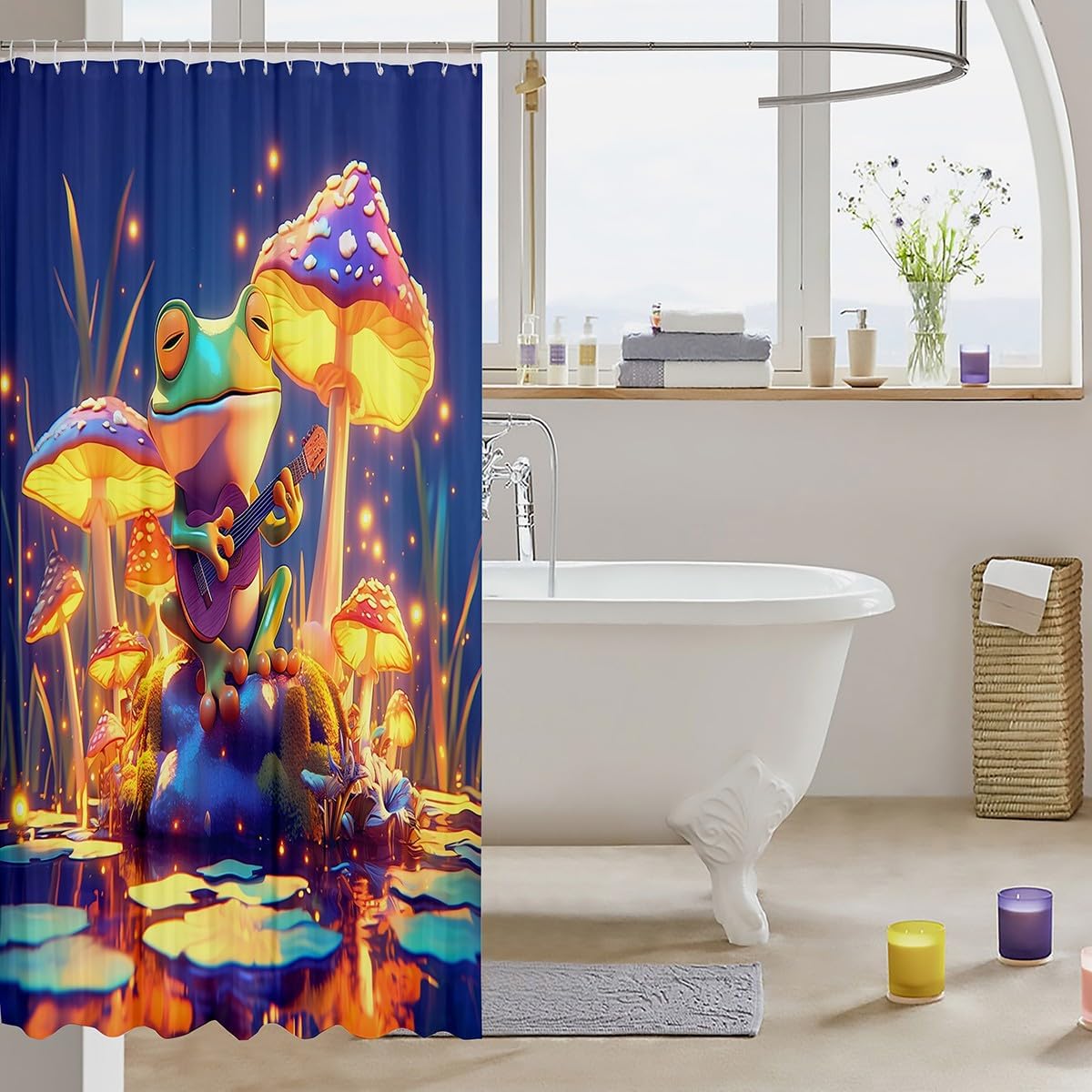 Trippy mushroom bath curtain set with 12 hooks for kids