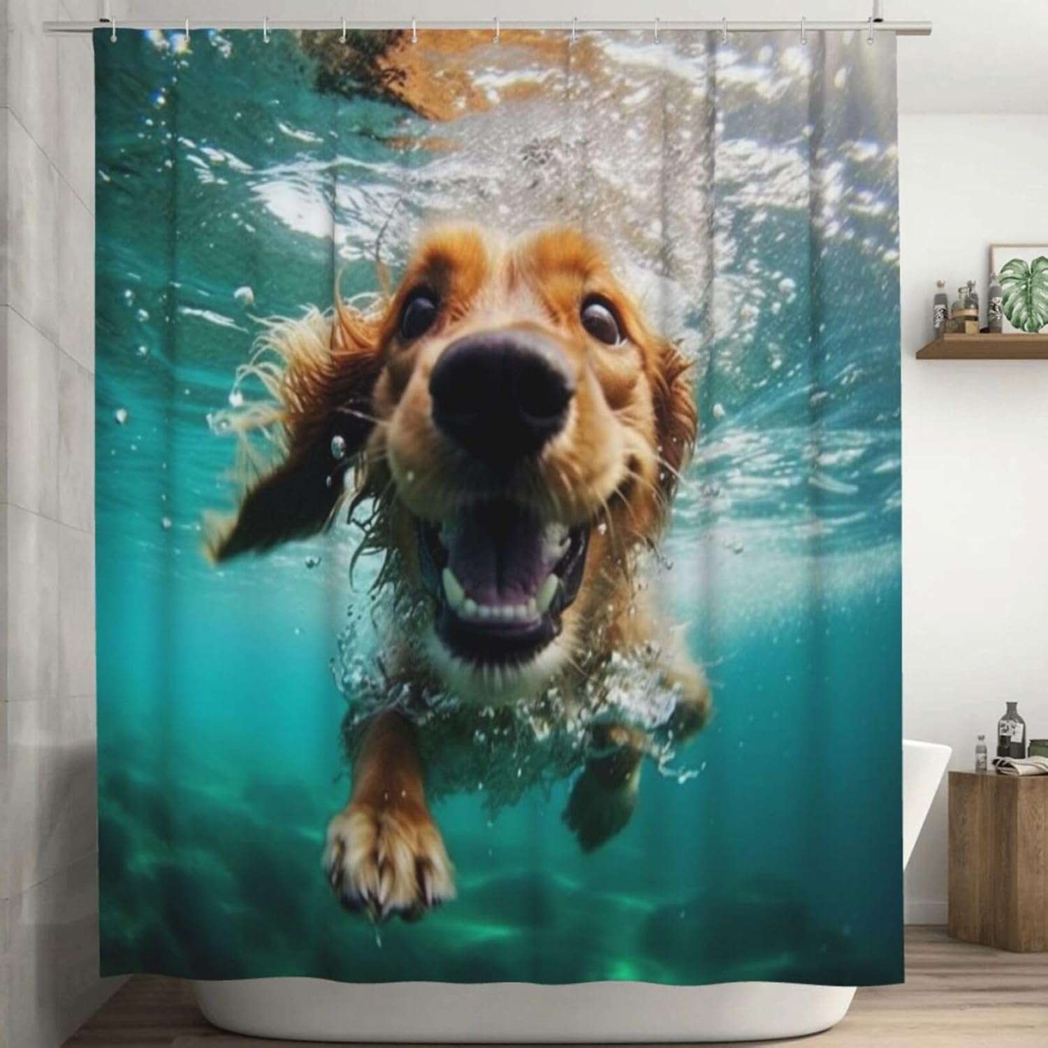 Underwater Dog Shower Curtain Set with 12 Hooks