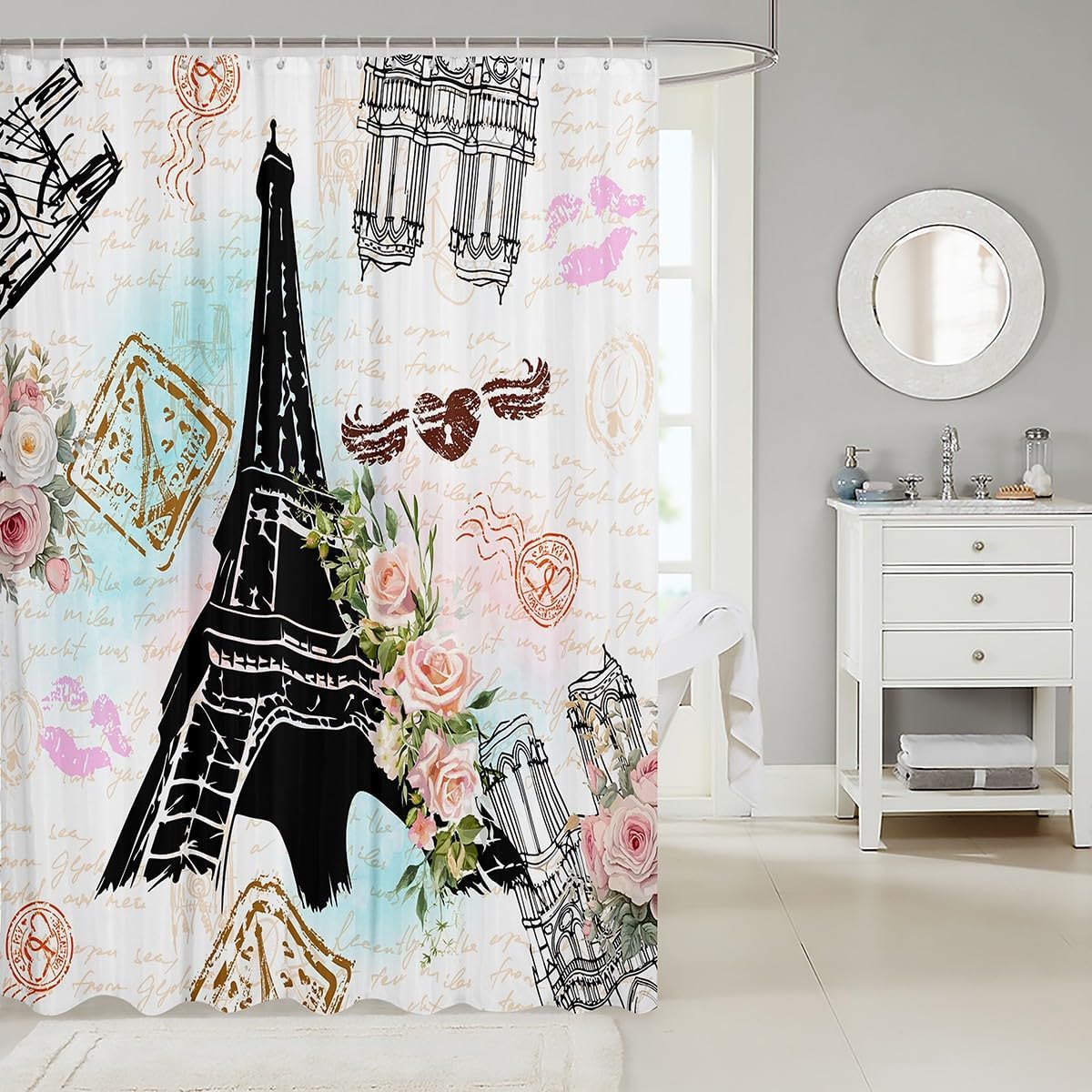 72Eiffel Tower Bath Curtain Set 12 Hooks