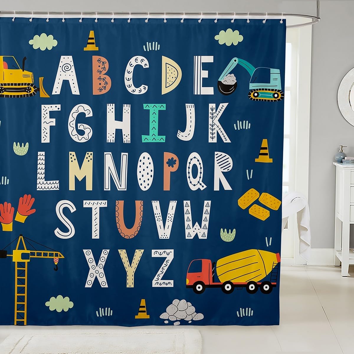 Cartoon Alphabet Truck Excavator Shower Curtain Set for Kids