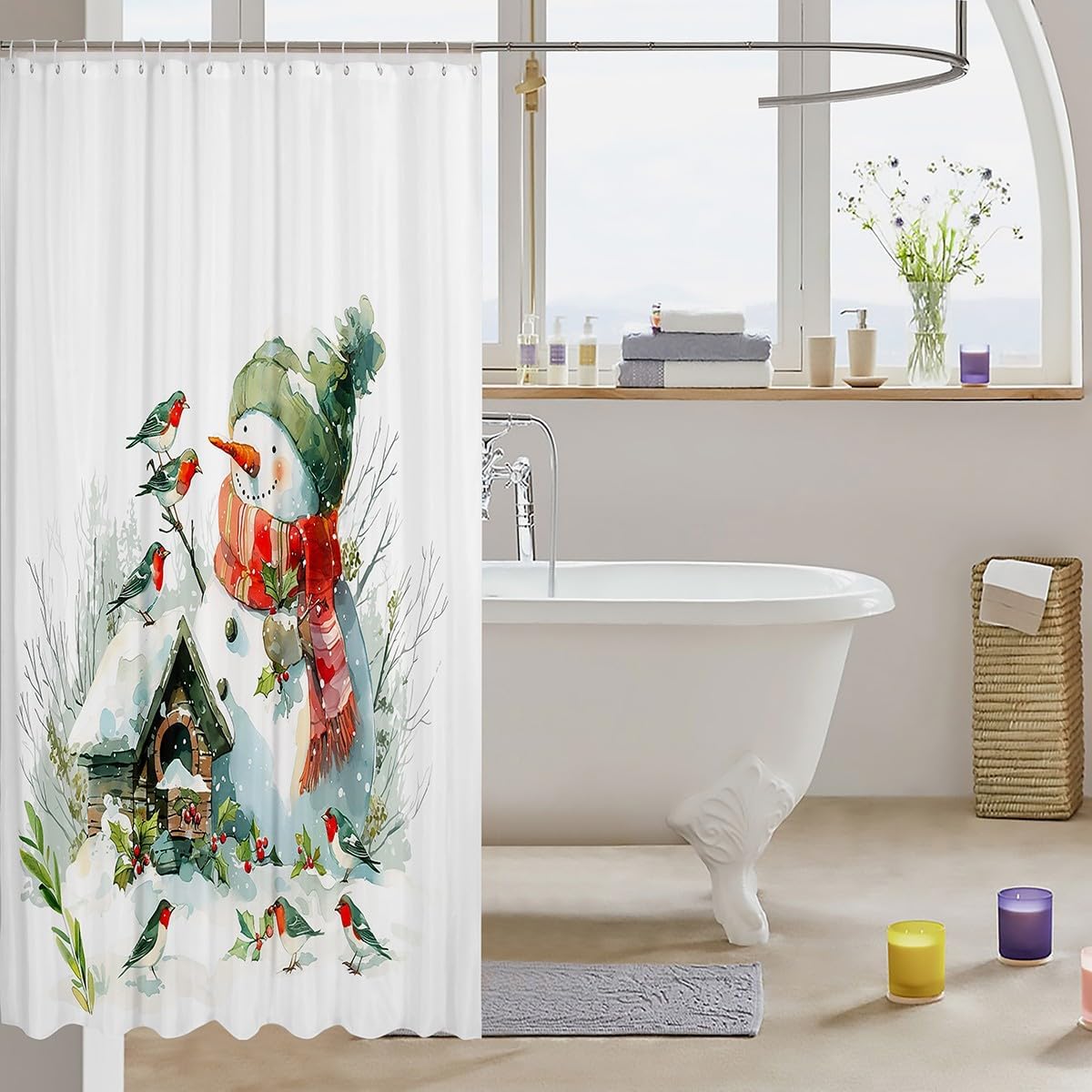 Feelyou Snowman Bathroom Shower Curtain Merry Christmas Included