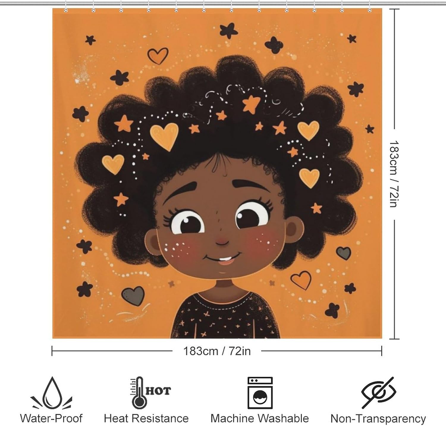 Smile Black Girl Bathroom Shower Curtain Set with Star Heart Design