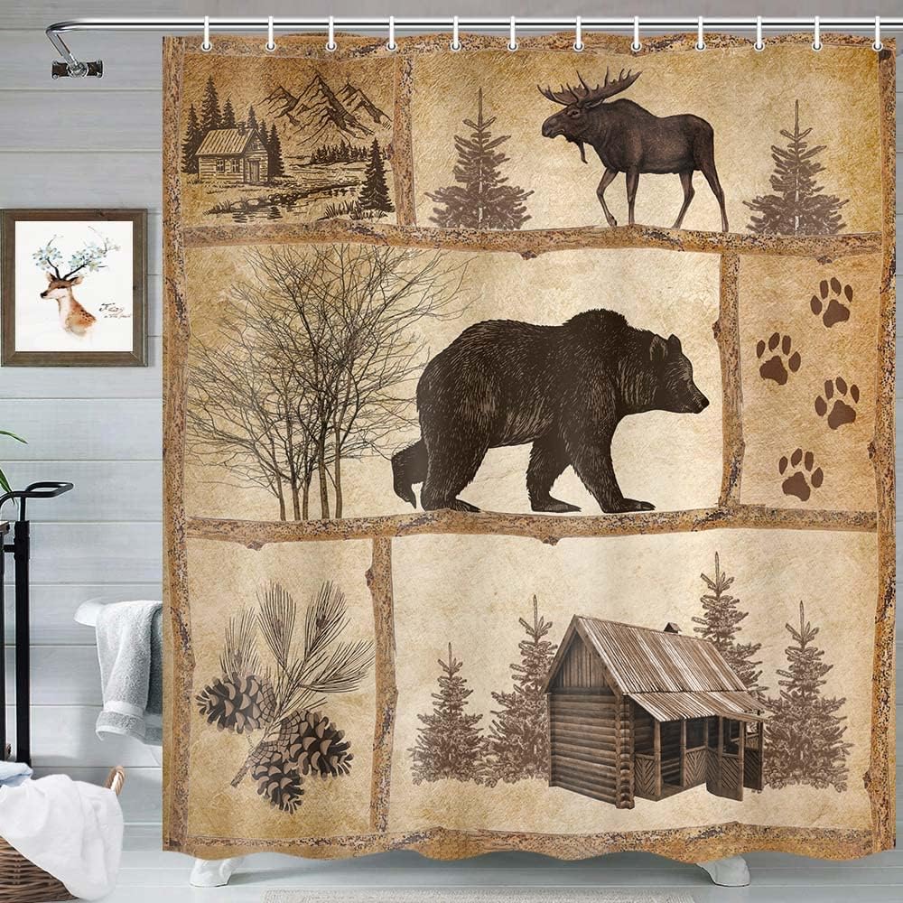 Rustic Cabin shower curtain set Bear Moose forest design waterproof 36x72 inch