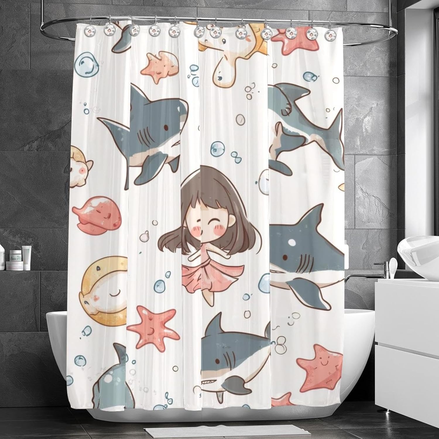 Cartoon Shark Starfish Print Washable 10-Piece Polygonal Planes Shower Curtain 66x72 in