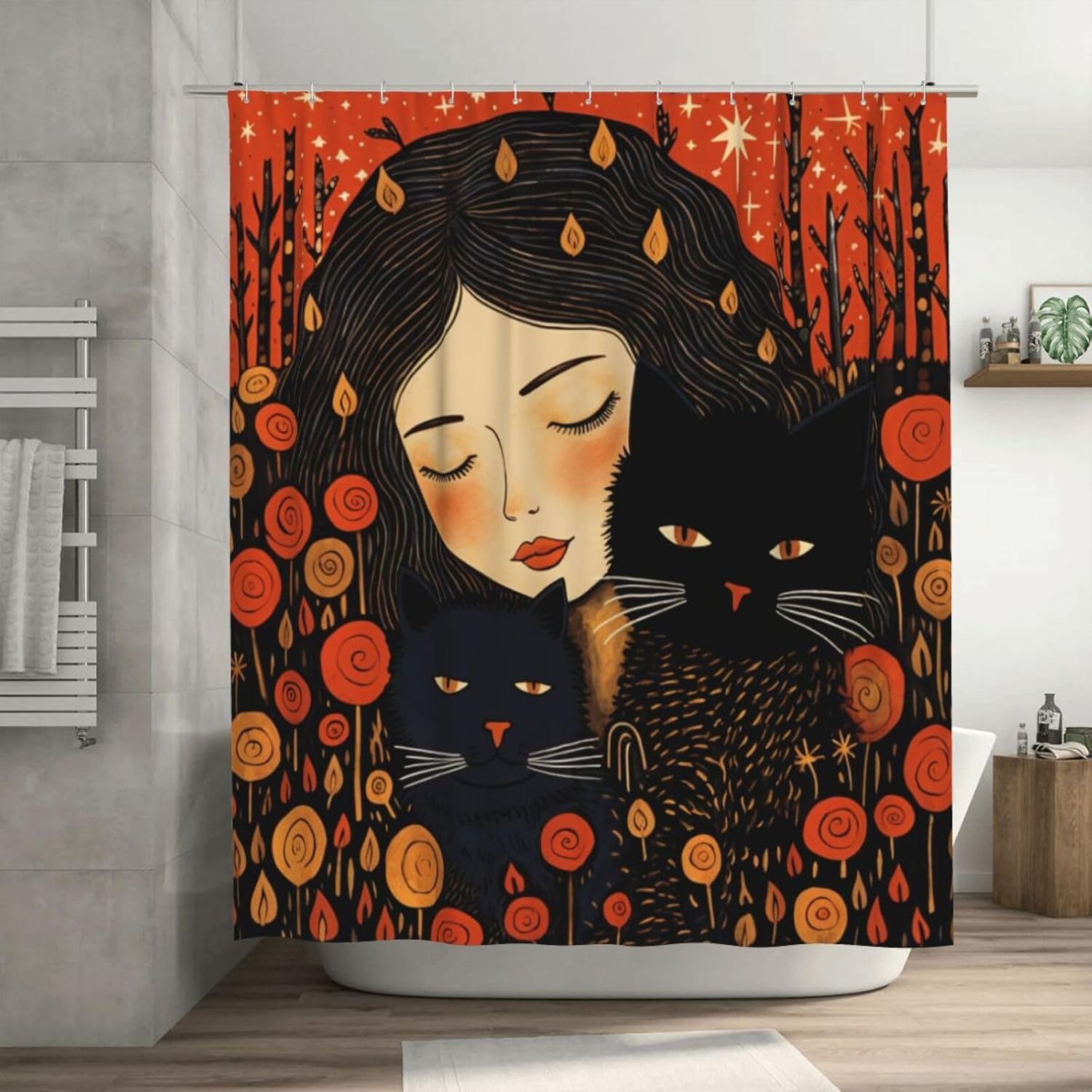 Striped Bath Shower Curtain Boho Design Red Flower Forest Starry Sky Set