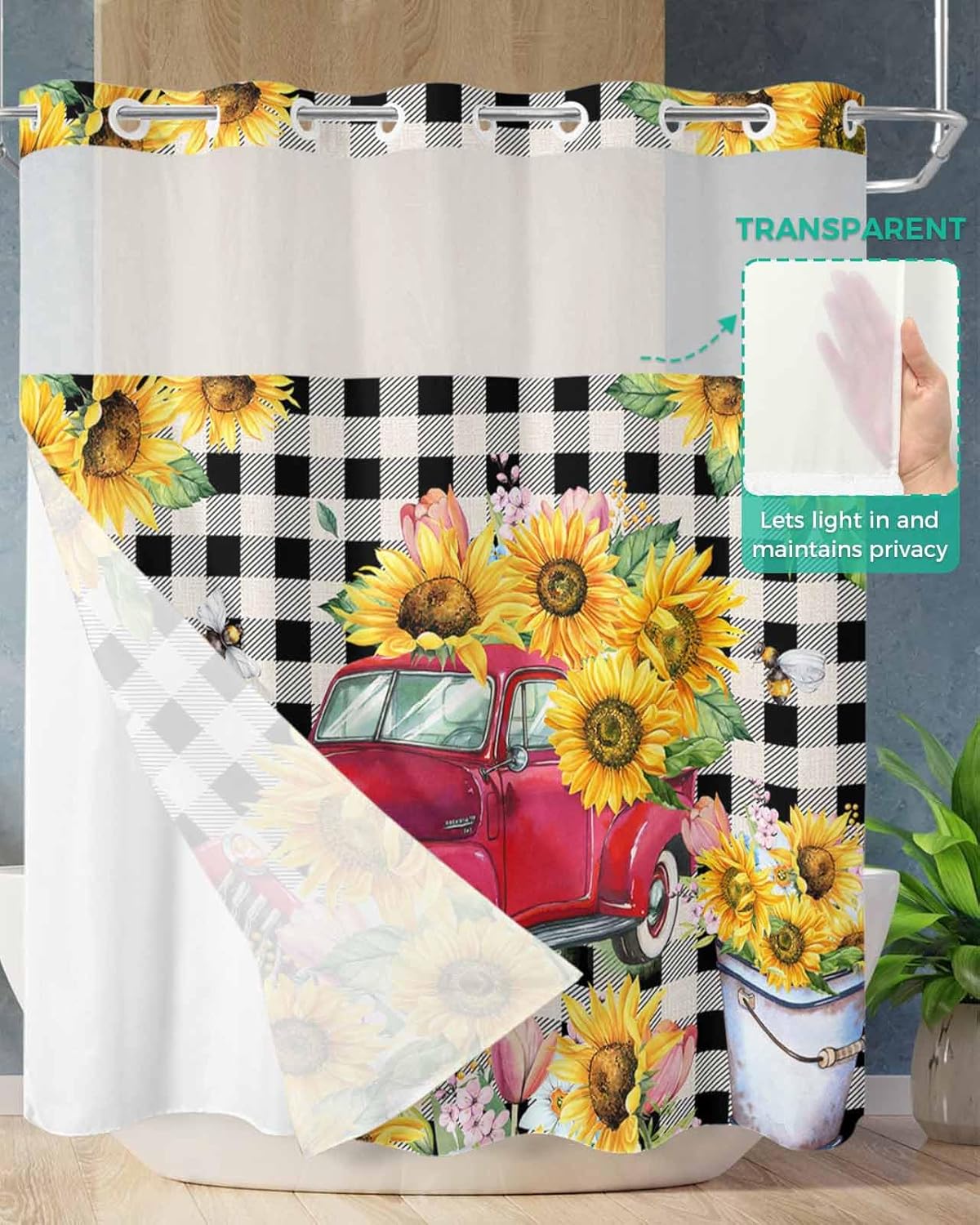 Stunning Bathroom shower curtains Red Truck Pull Sunflowers Waterproof Unique Design
