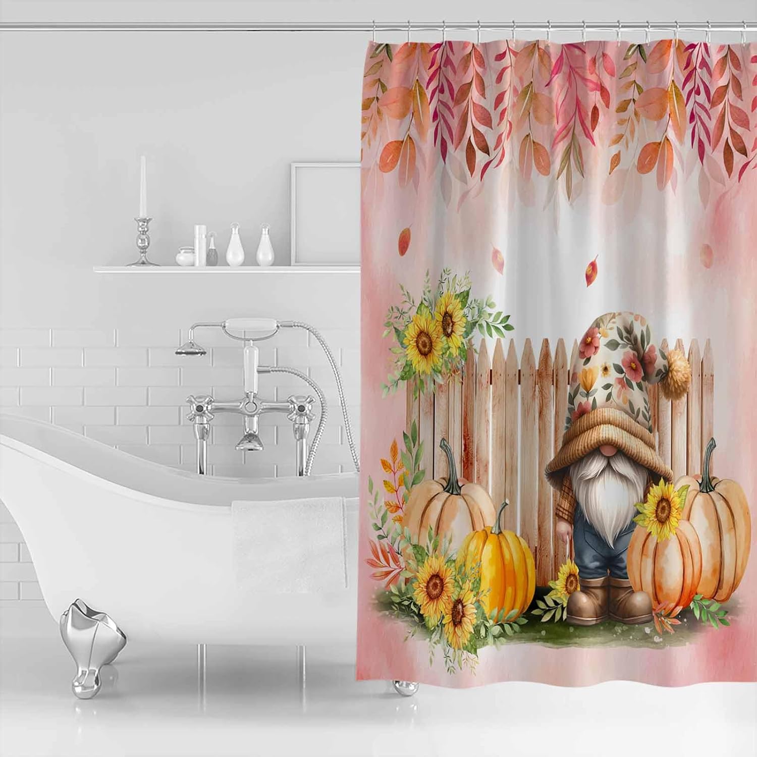 Thanksgiving shower curtain with pumpkins and leaves design