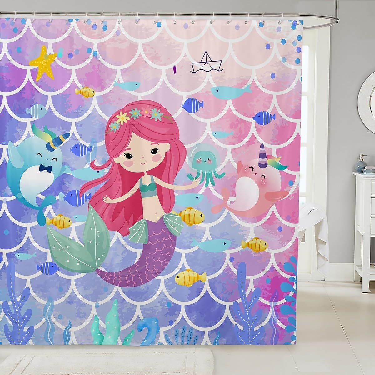 Castle Fairy Mermaid Shower Curtain Set with 12 Hooks