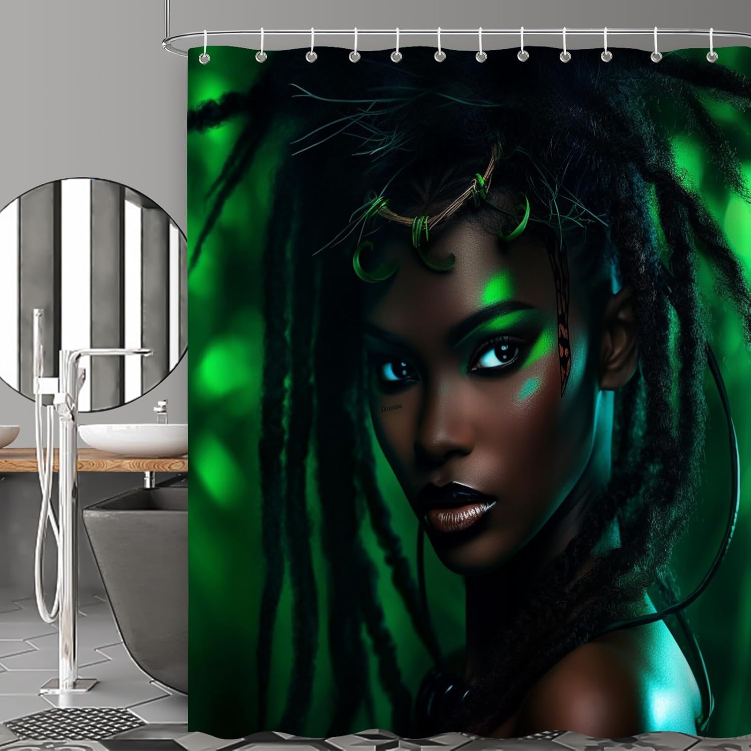 African American Girls Shower Curtain Set Green Leaves Boho 72x72in
