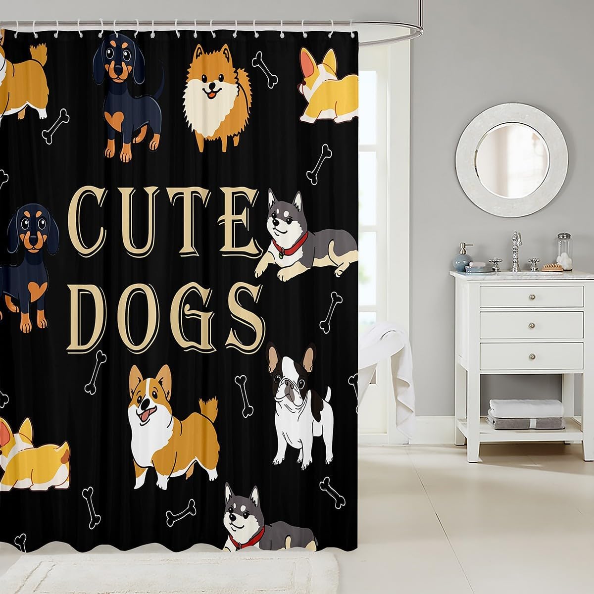 Cute Puppy Shower Curtains for Kids Waterproof Bathroom Curtain Set