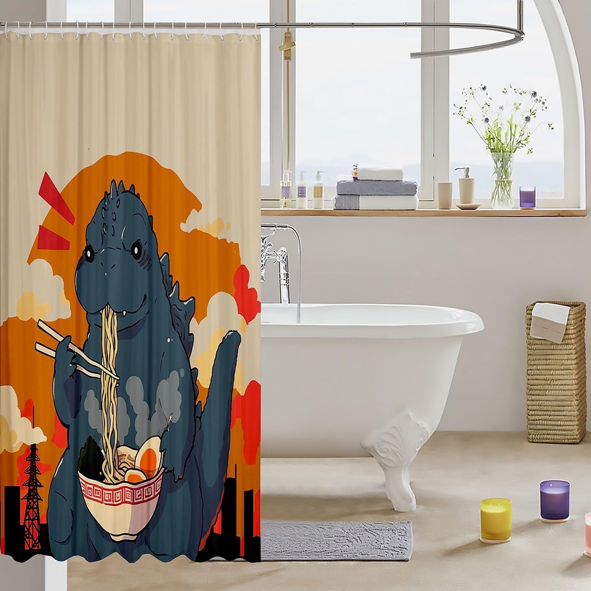 Japanese Style Dinosaur Shower Curtain with 12 Hooks for Kids