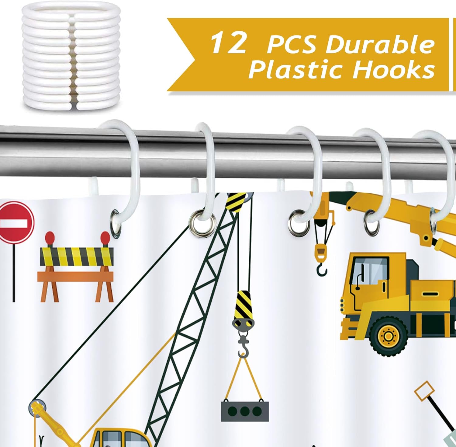Fun Construction Kids Shower Curtain Durable Waterproof Easy to Use
