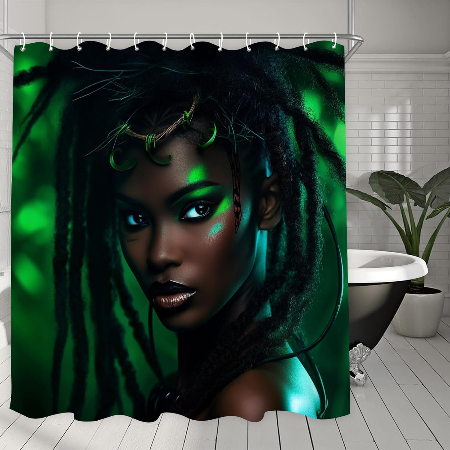 African American Girls Shower Curtain Set Green Leaves Boho 72x72in