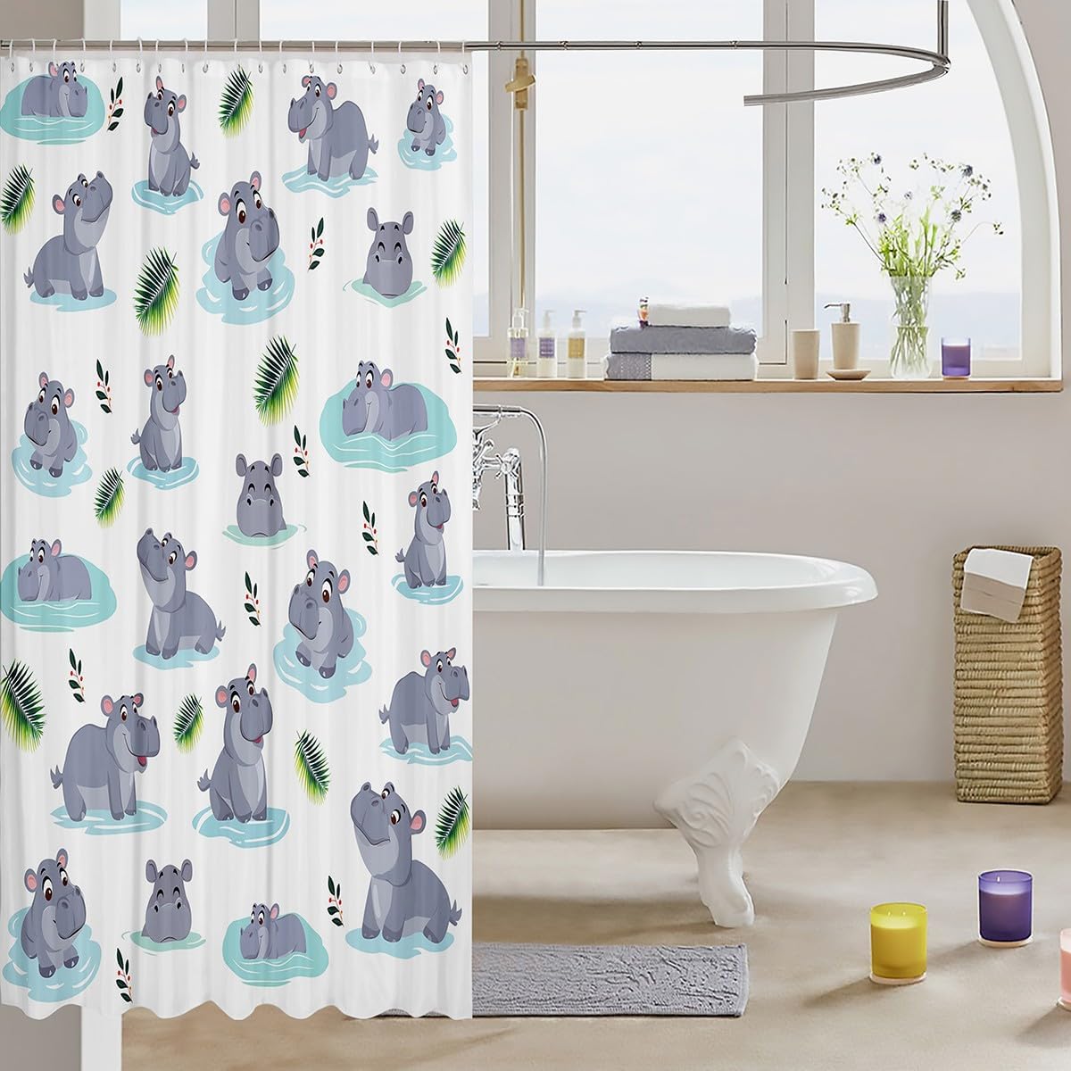 Cartoon Hippo Kids Shower Curtain Set 72x78