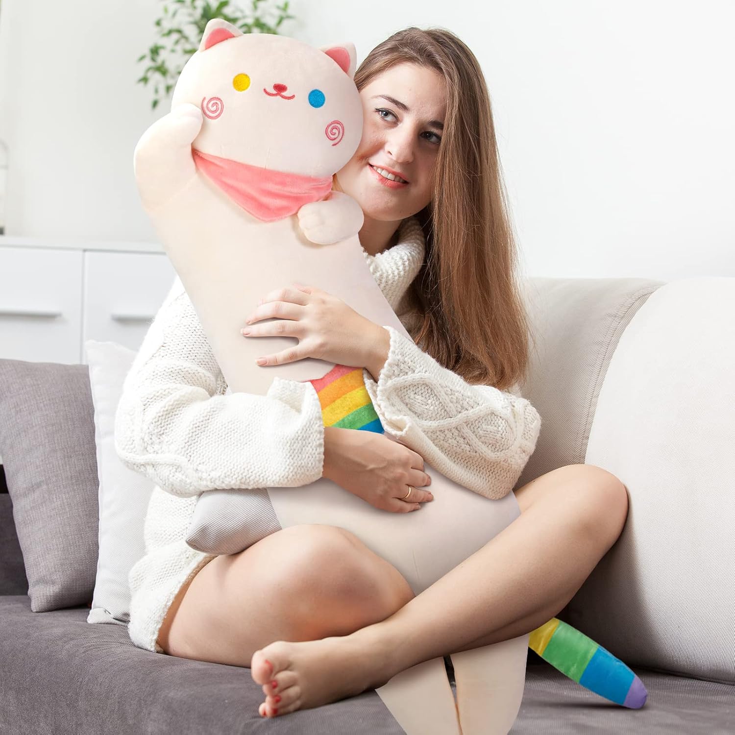 Rainbow Cat Plush Pillow Soft Ergonomic Perfect for Relaxation