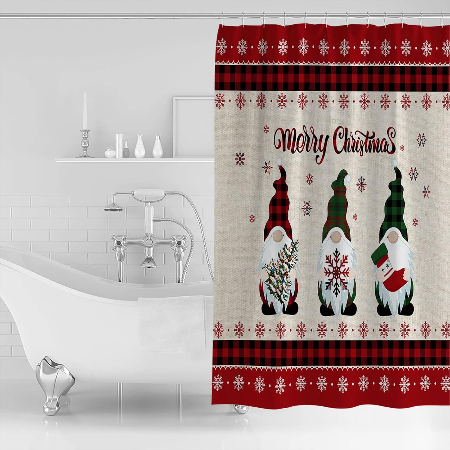 Merry Christmas Gnome Snowflake Shower Curtain Red Black Buffalo Plaid