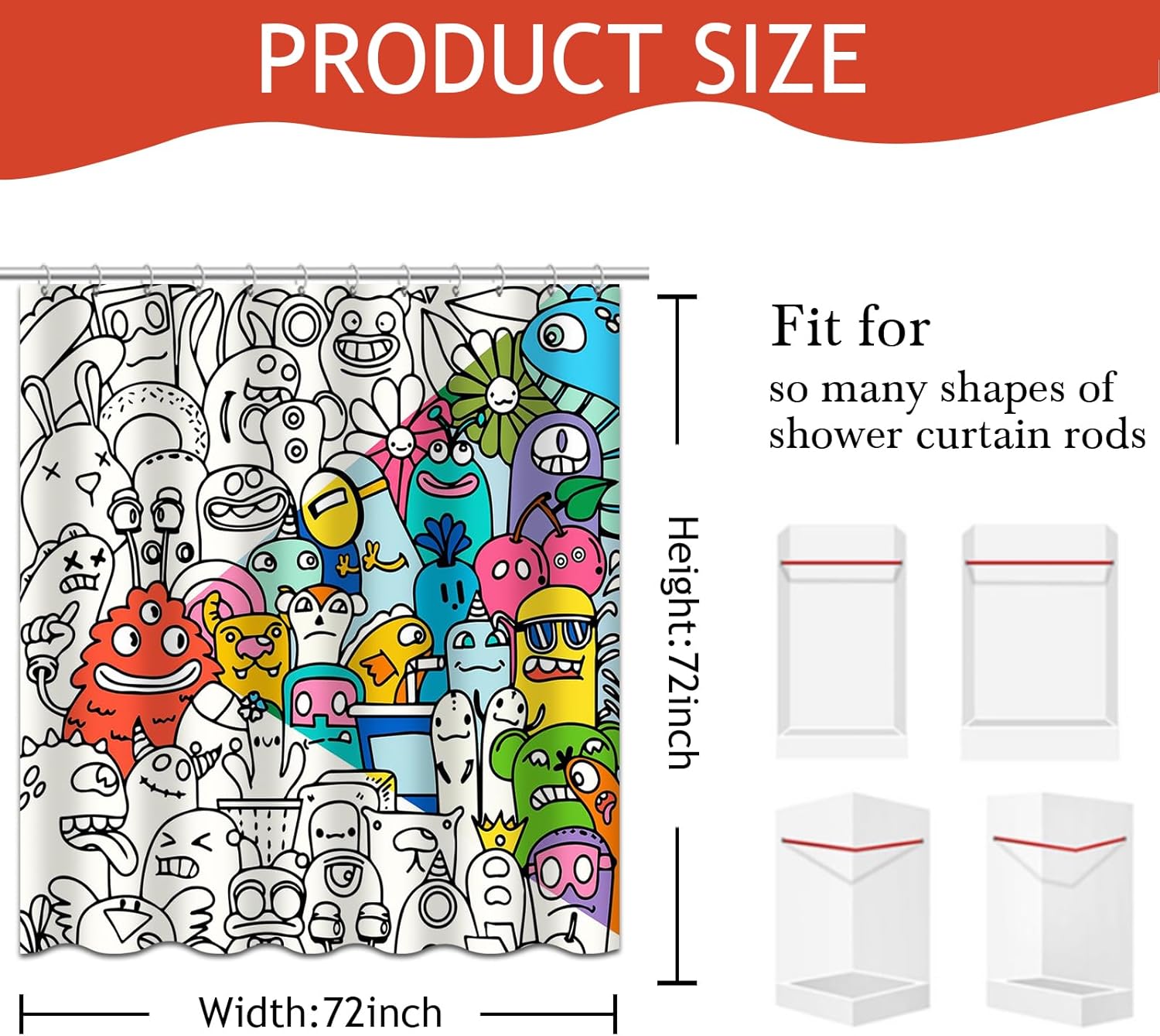 Kids Shower Curtain for Bathroom Fun Abstract Cartoon Red Little Monster 72x72