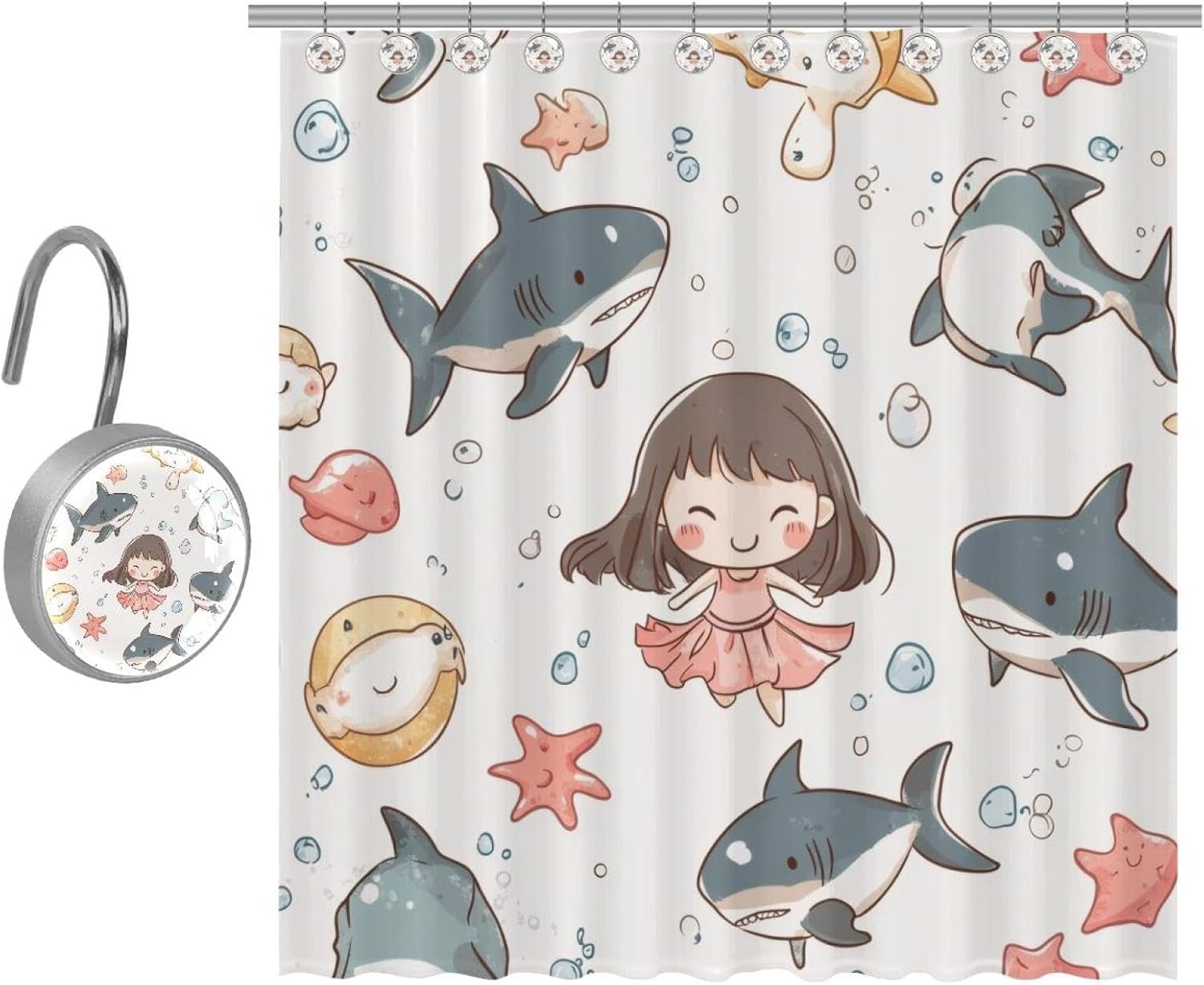 Cartoon Shark Starfish Print Washable 10-Piece Polygonal Planes Shower Curtain 66x72 in