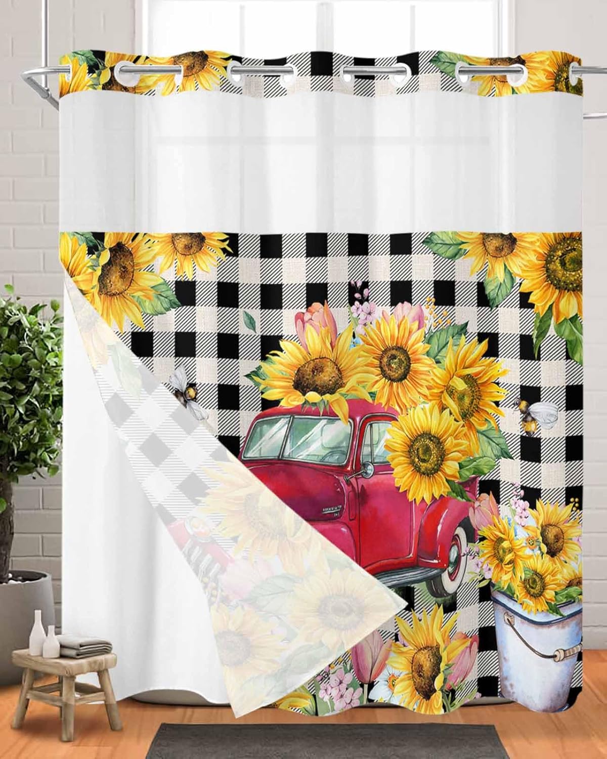 Stunning Bathroom shower curtains Red Truck Pull Sunflowers Waterproof Unique Design