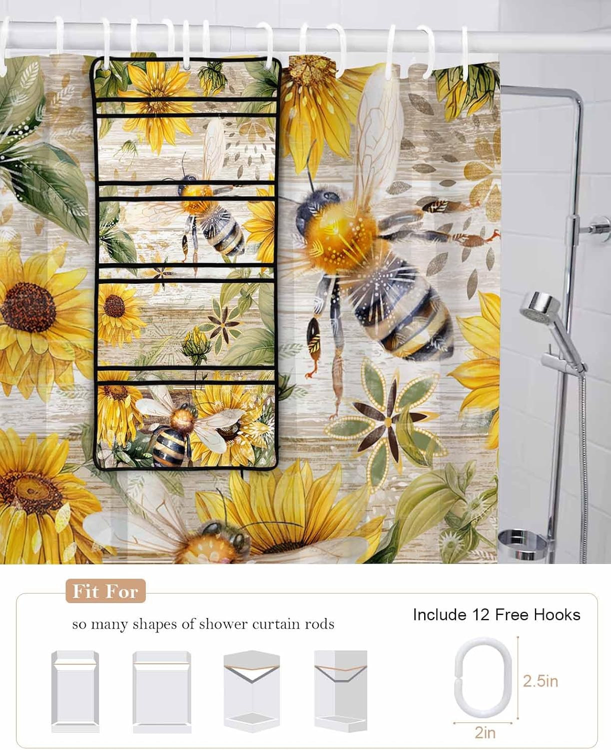 Bee Floral shower curtain set with caddy waterproof 60x72-inch farmhouse design