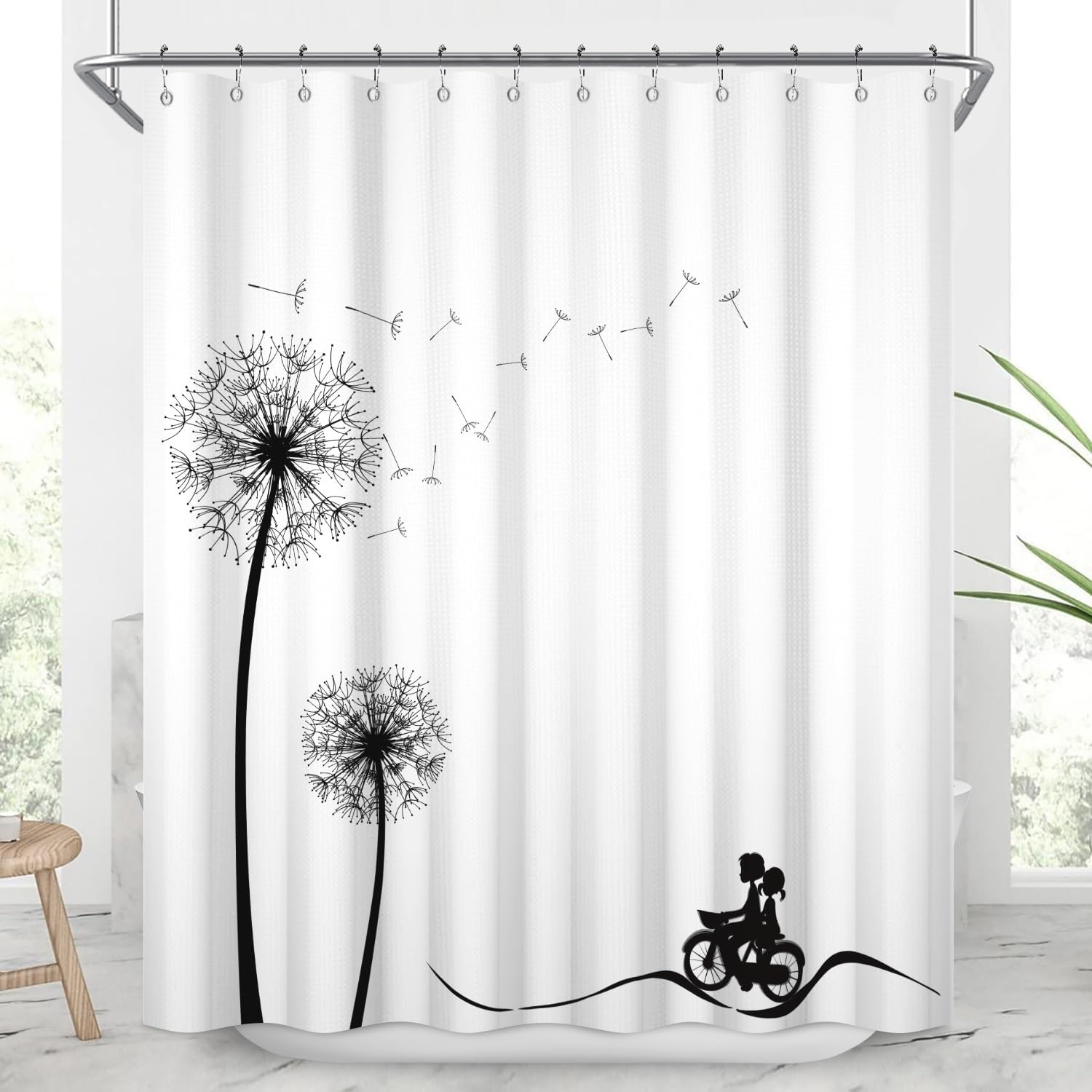 White Boho Shower Curtain Black Dandelions Waffle Shoot Curtains 72x72inches