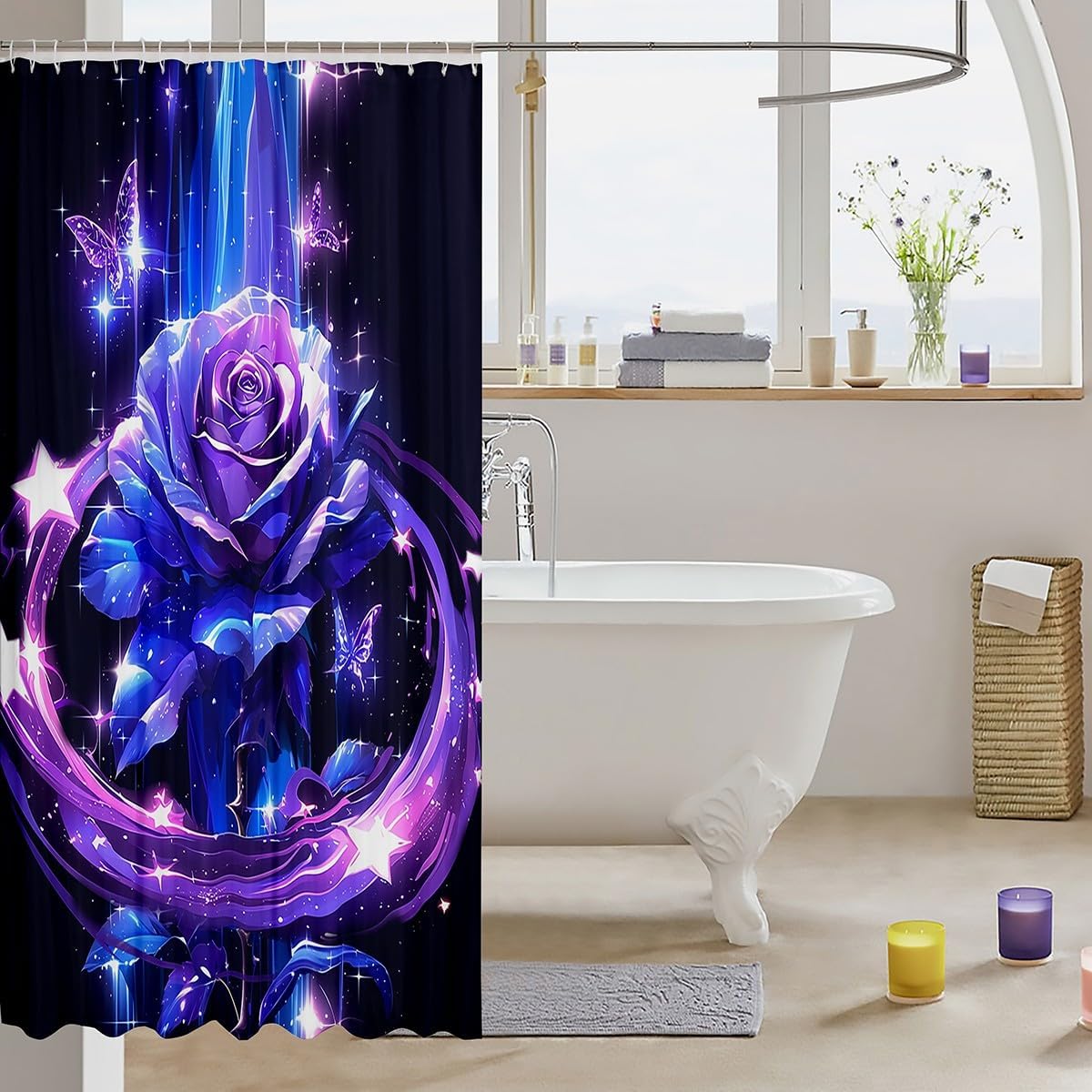 Erosebird Blue Purple Rose Bathroom Curtain Set