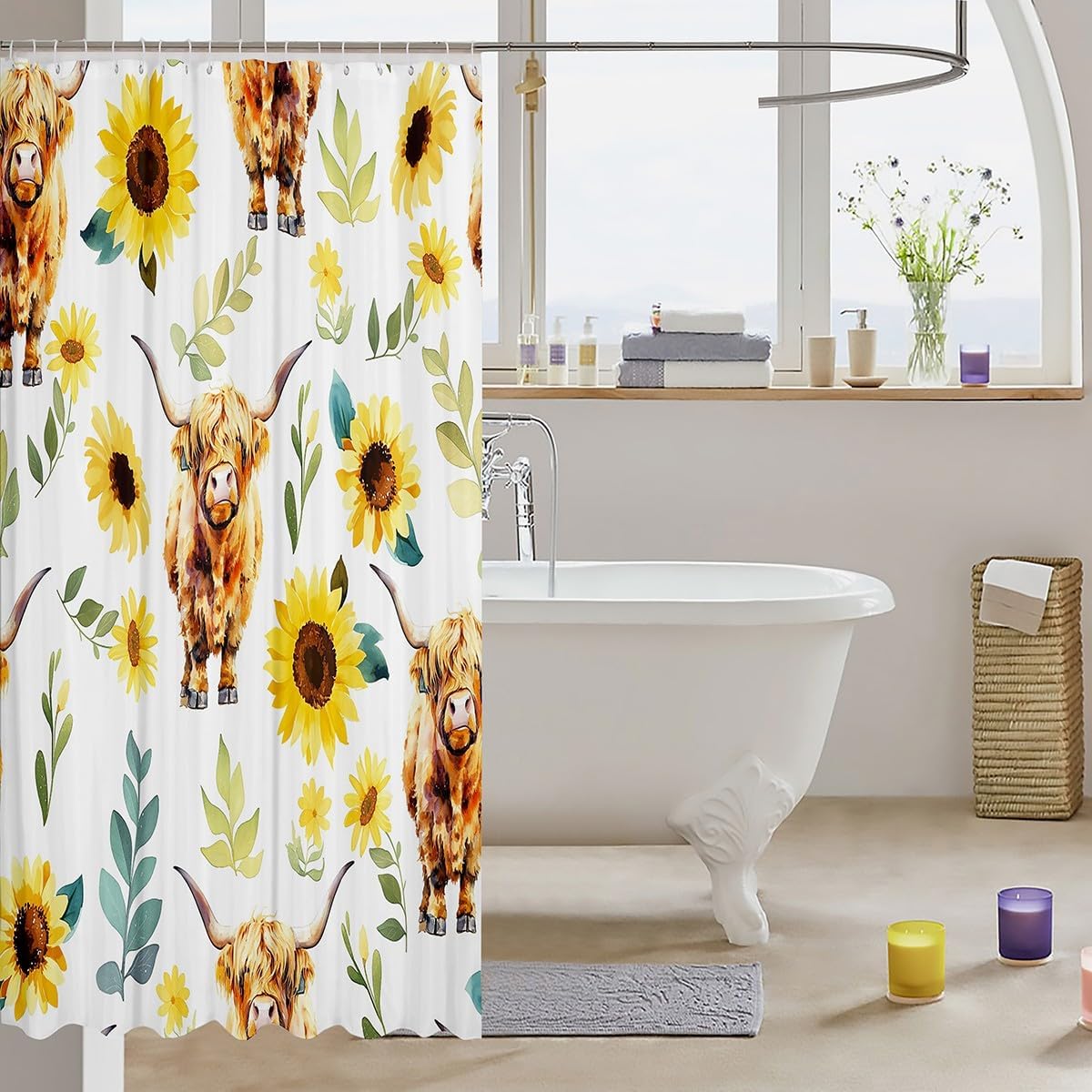 Feelyou Highland Cow Bath Curtain Sunflower Bathroom Set