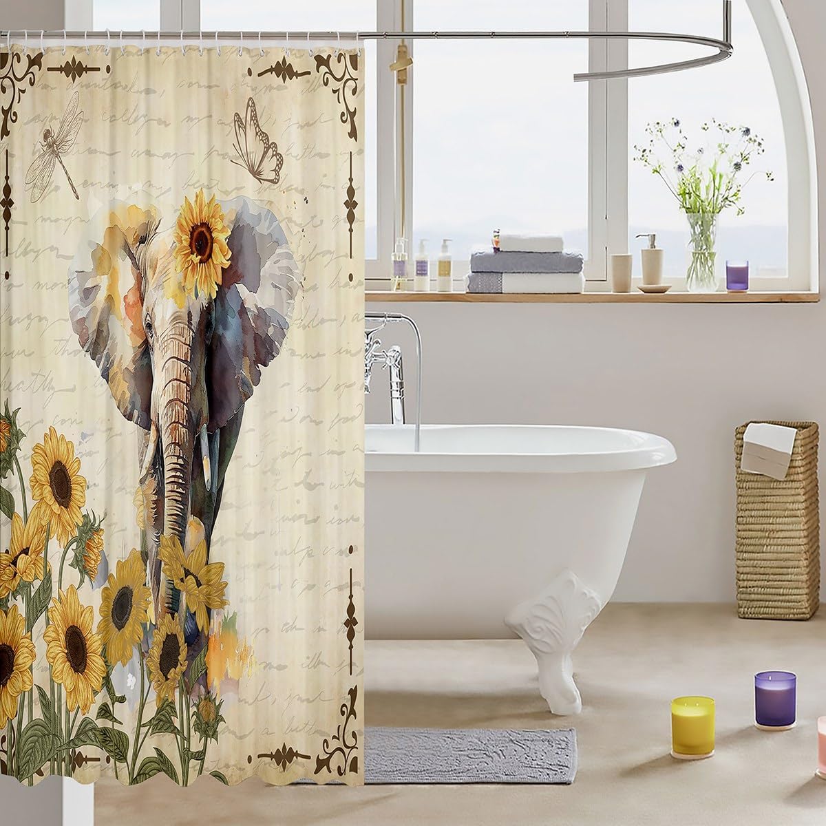 Cute Elephant Shower Curtain Set with 12 Hooks