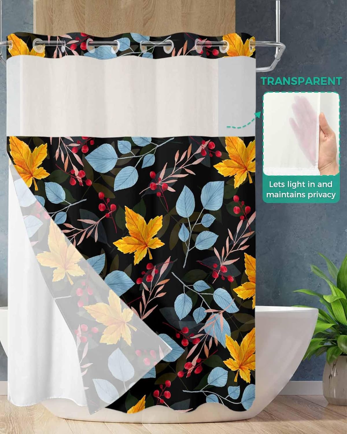 No Hook Virus-Resistant Bath Curtain 60x72 with See Through Top Window