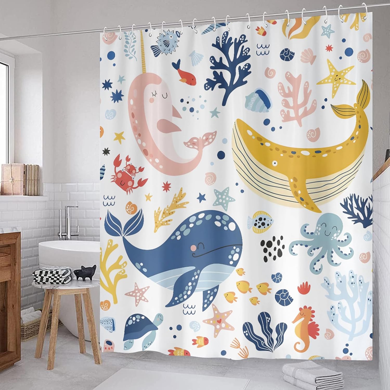 ZCHOMI Fun Kids Whale Bath curtain with Ocean Friends