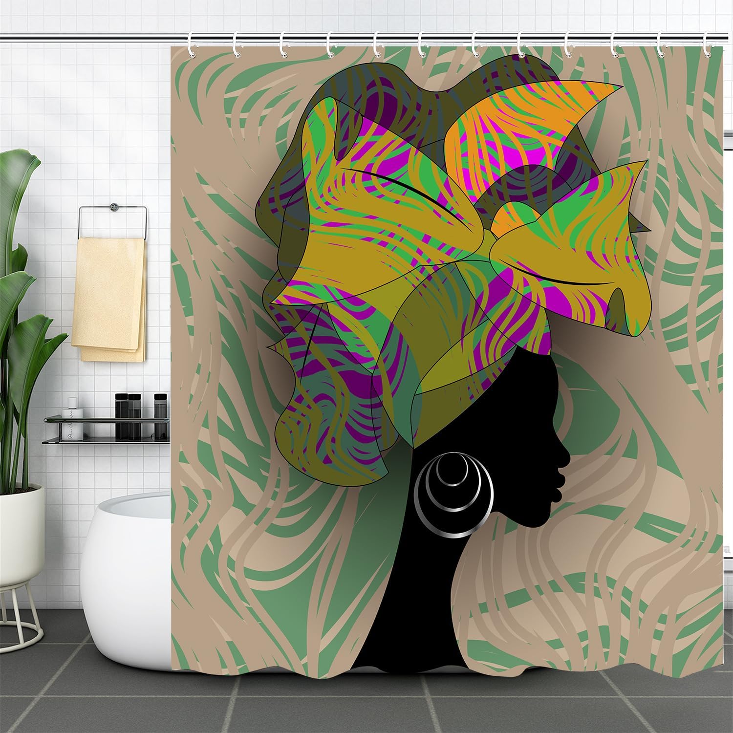 African Woman Shower Curtain Black Art Banana Plant-print