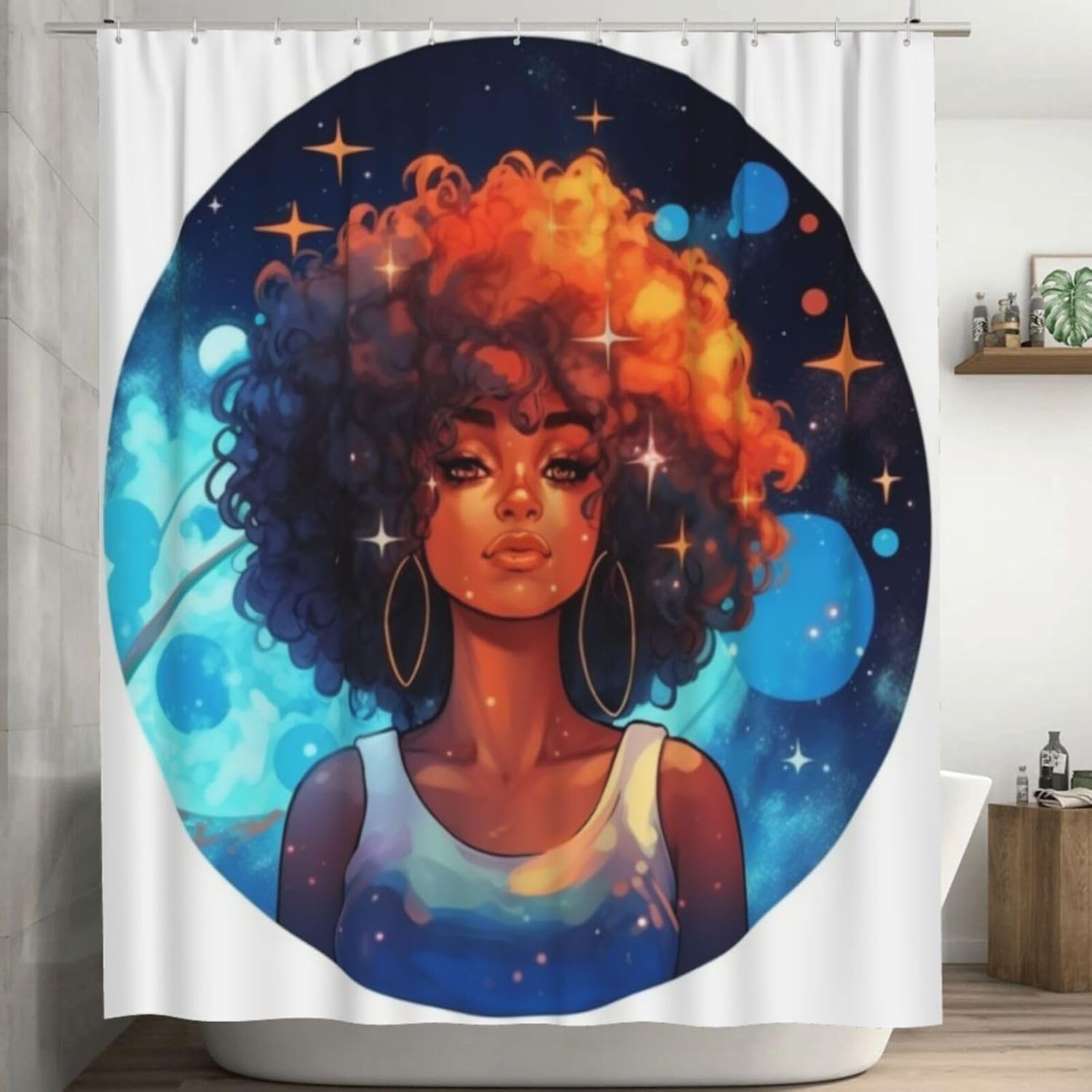 Tiyaandsy Black Girl Shower Curtain Set Modern Starry Night Design