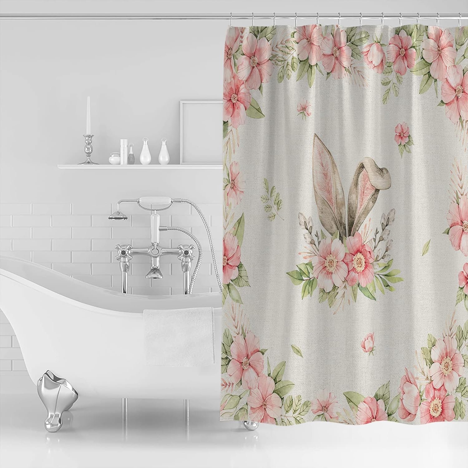 36x78 inch bunnies and flowers waterproof shower curtain set machine washable bathroom