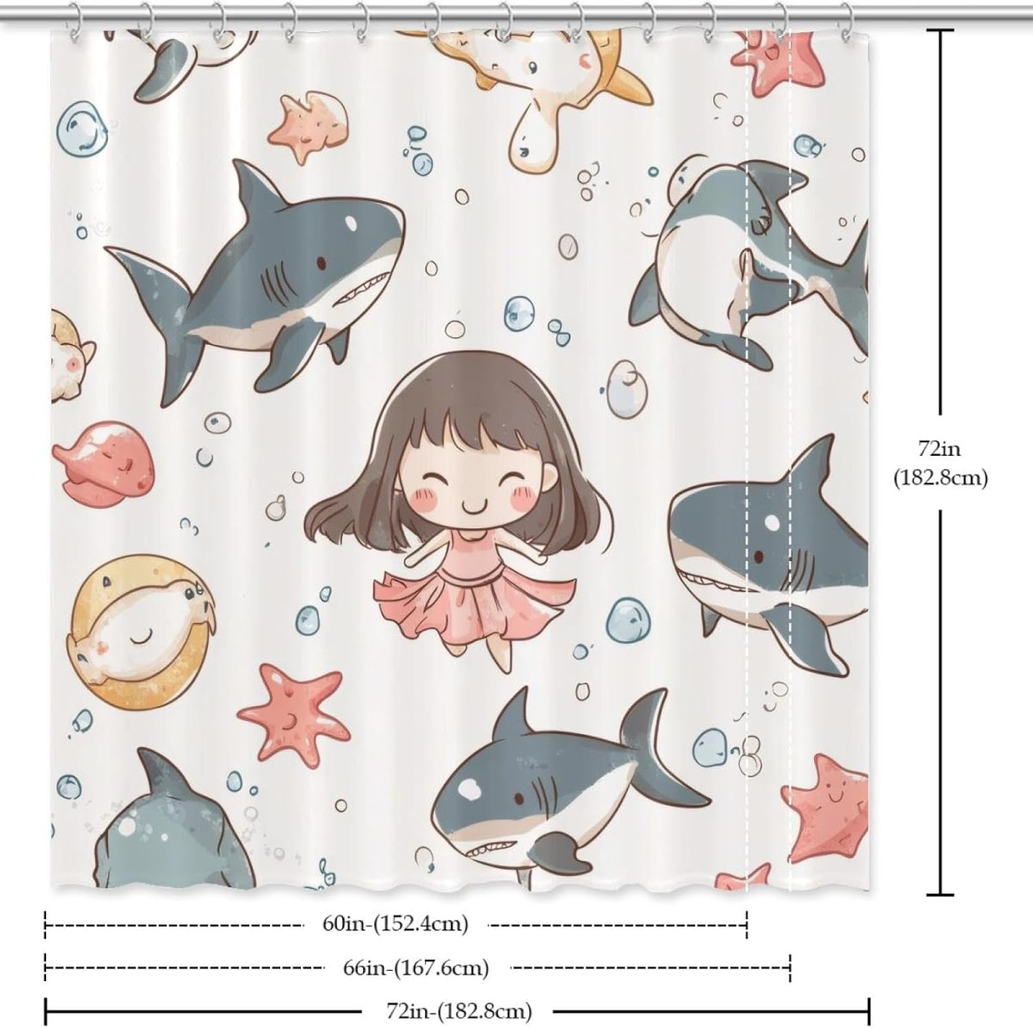 Cartoon Shark Starfish Girl Shower Curtain - 72x72 inches