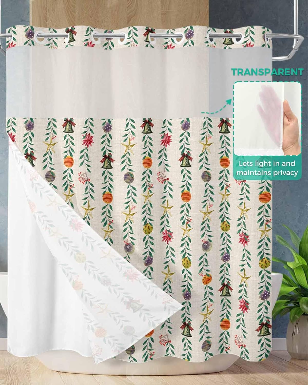 holiday home winter bathroom shower curtain set with see through top 72x72