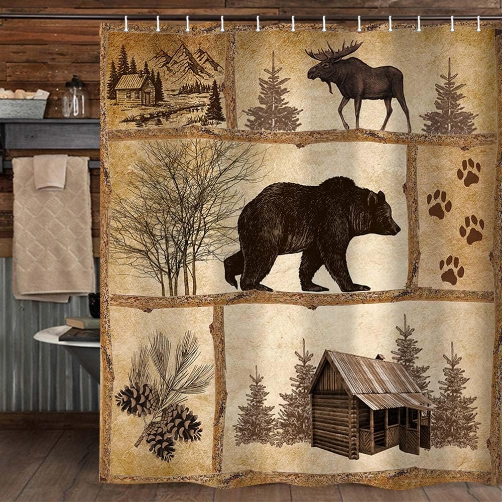 Rustic Cabin shower curtain set Bear Moose forest design waterproof 36x72 inch