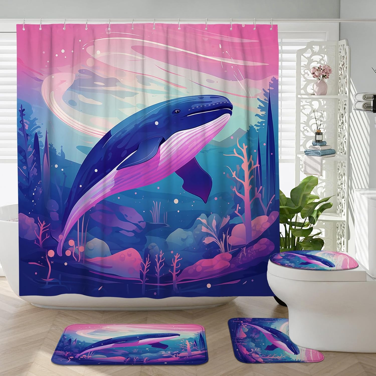 4PCS Fantasy Whale Bath Set with Non-Slip Rug and 12 Hooks
