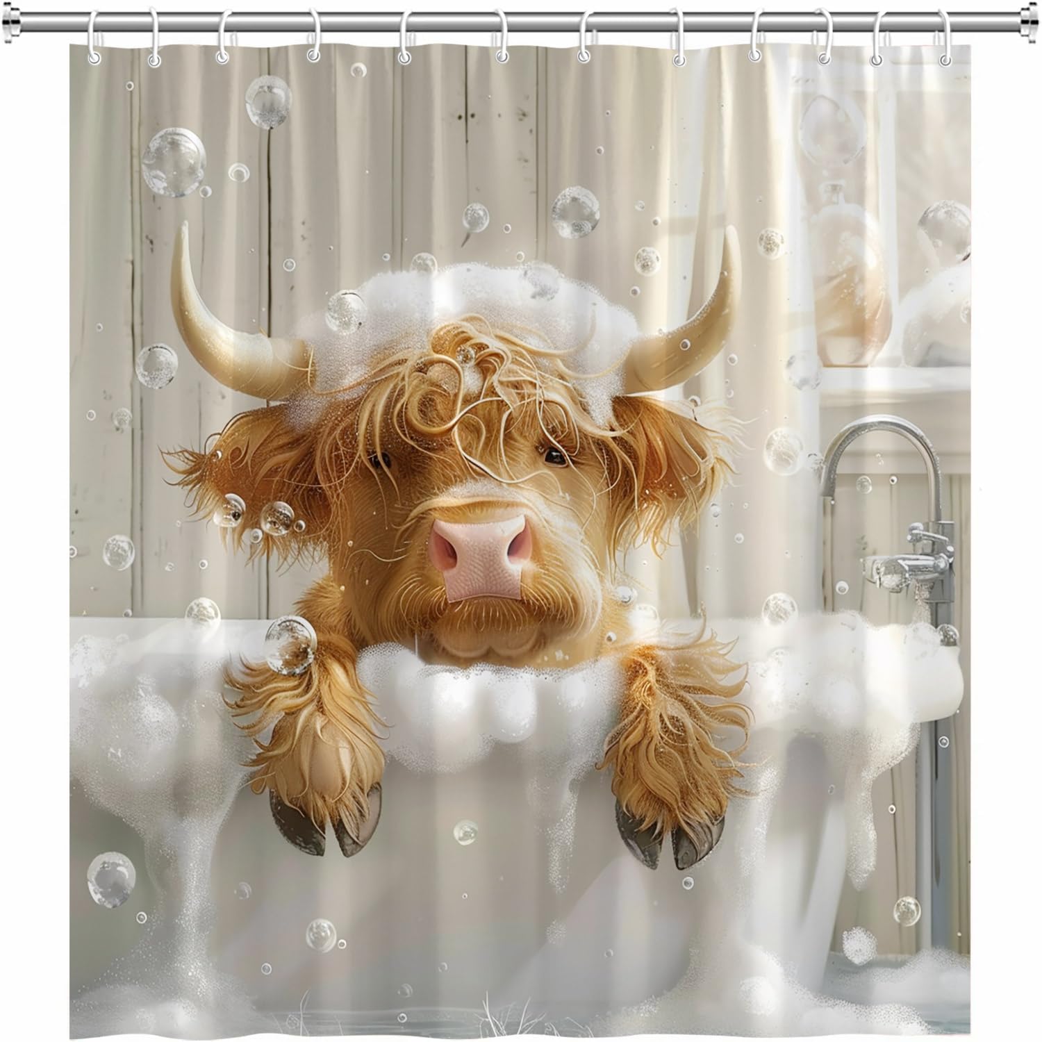 Funny Highland Cow Shower Curtain with Hooks