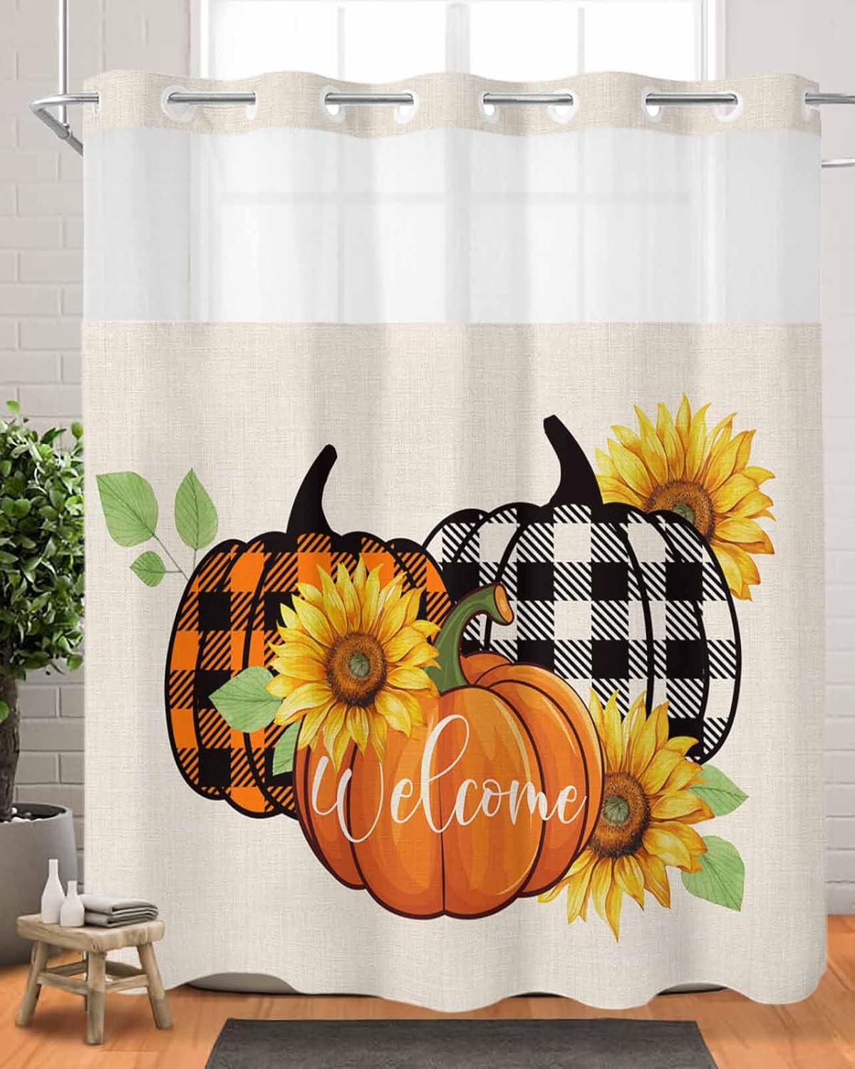 Fall Orange Pumpkin Shower Curtain Set No Hook Design Soft Durable