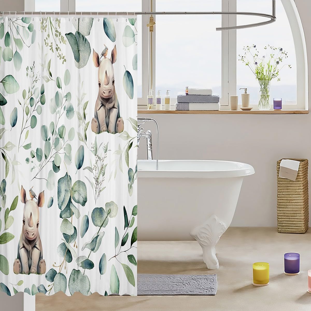 Adorable Rhino Shower Curtain Jungle Animal Bath Curtain