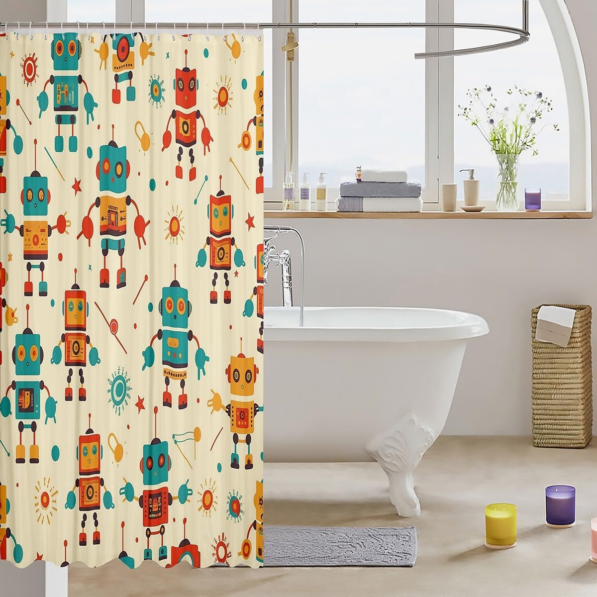 Cute Robot Bath Curtain for Kids Yellow Machine Washable Bathroom Accessory