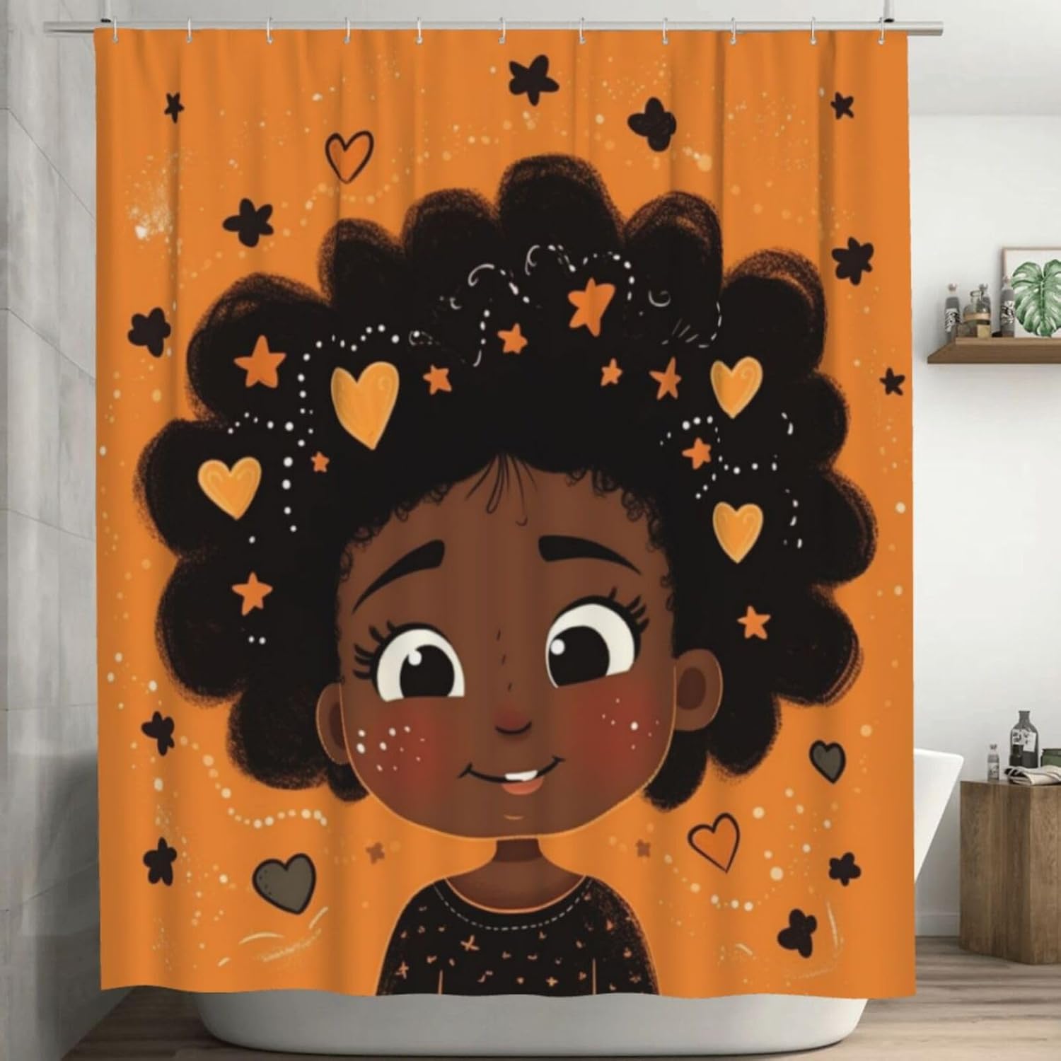 Smile Black Girl Bathroom Shower Curtain Set with Star Heart Design