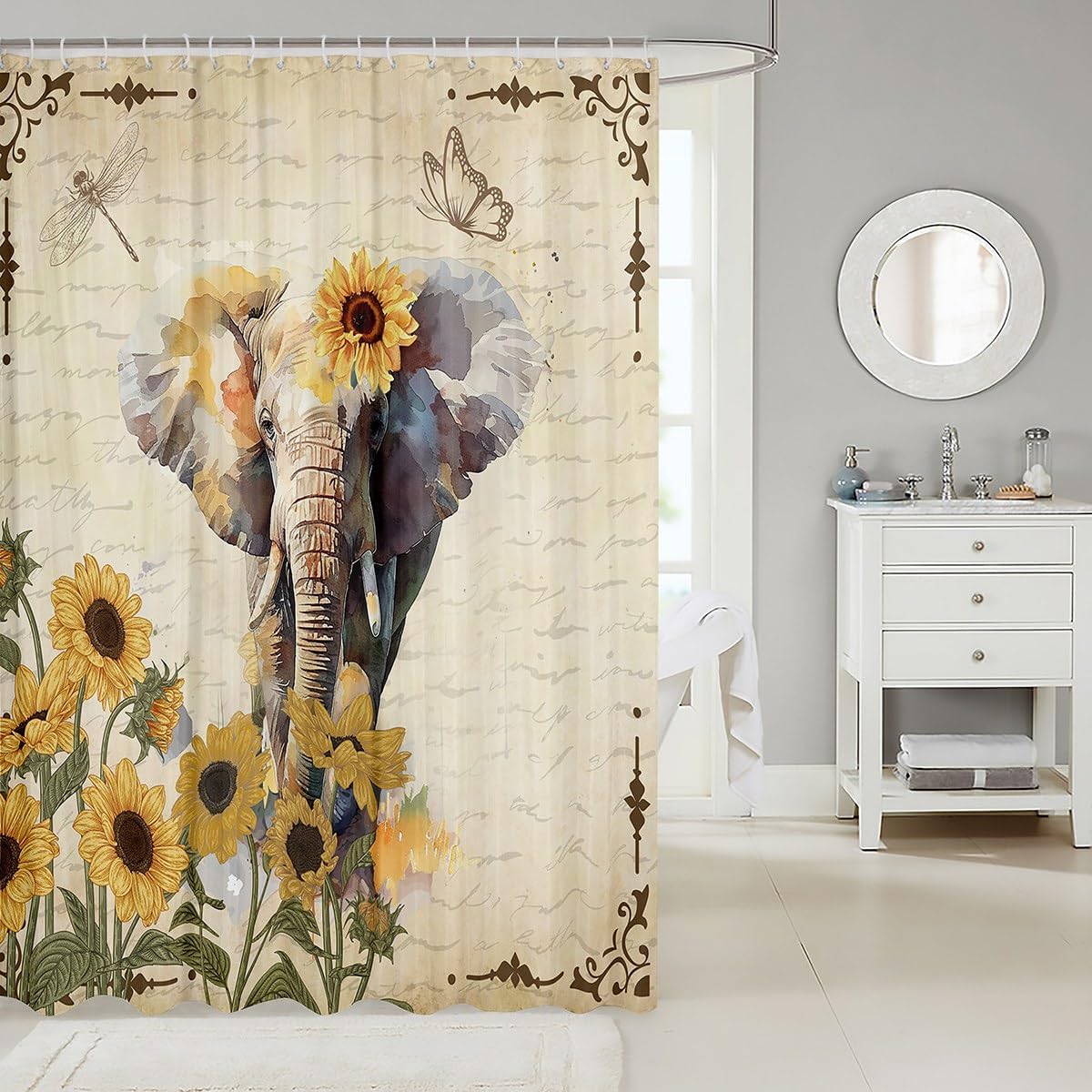 Cute Elephant Shower Curtain Set with 12 Hooks