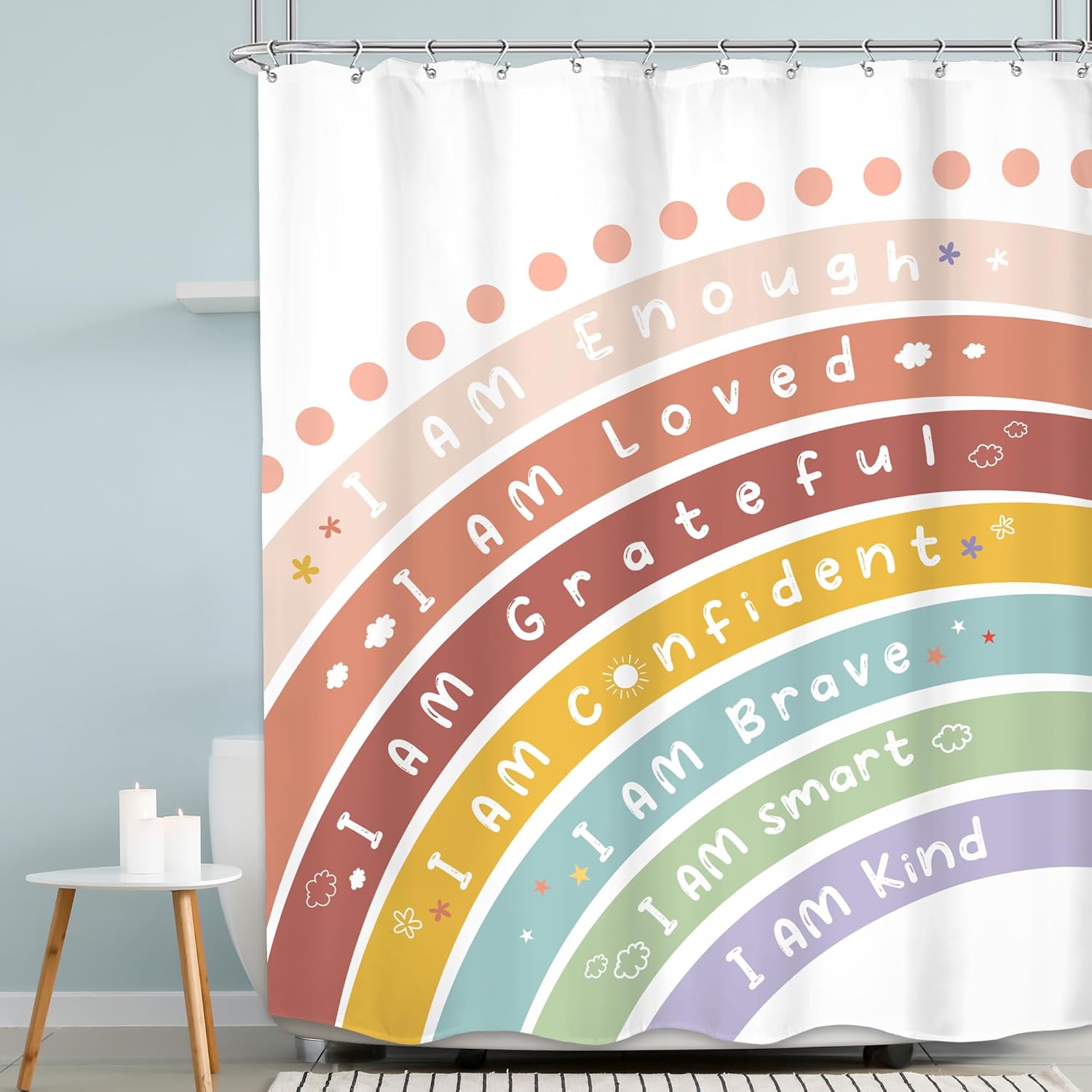 MESHELLY Kids Boho Rainbow Shower Curtain with 12 Hooks