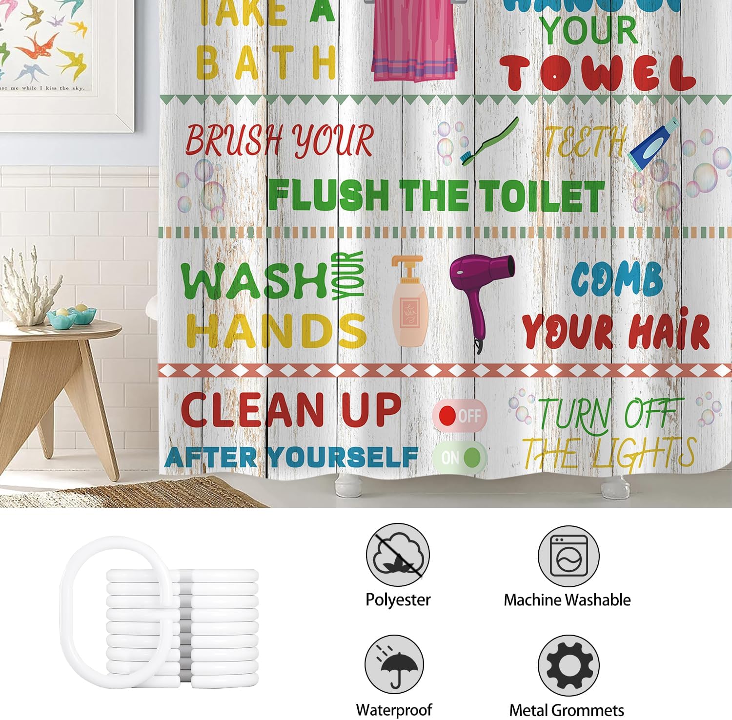 Kids Shower Curtain with 12 Hooks 72x72 Inches