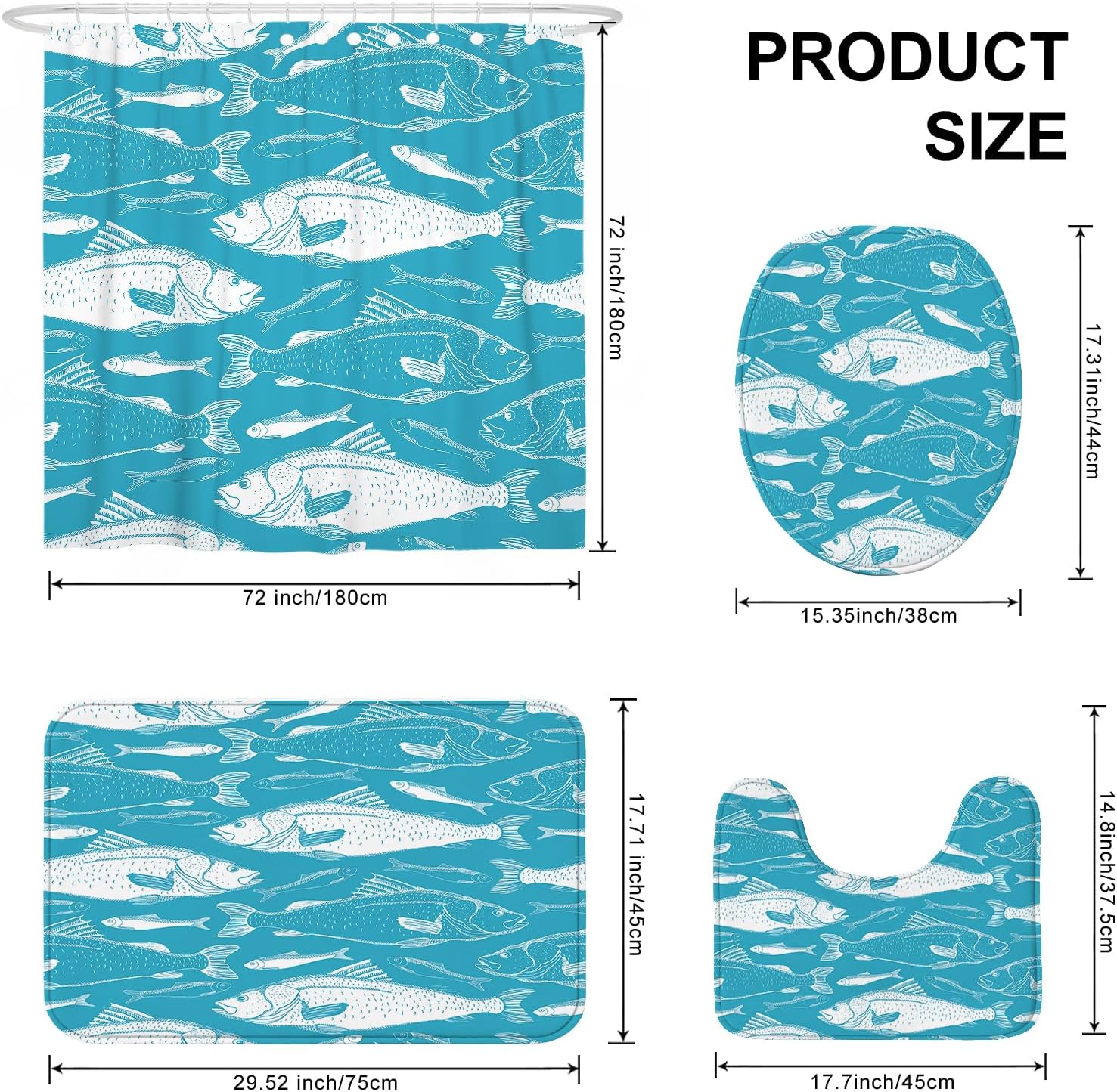 4PCS Cartoon Fish Bathroom Shower Curtains with Non-Slip Mat
