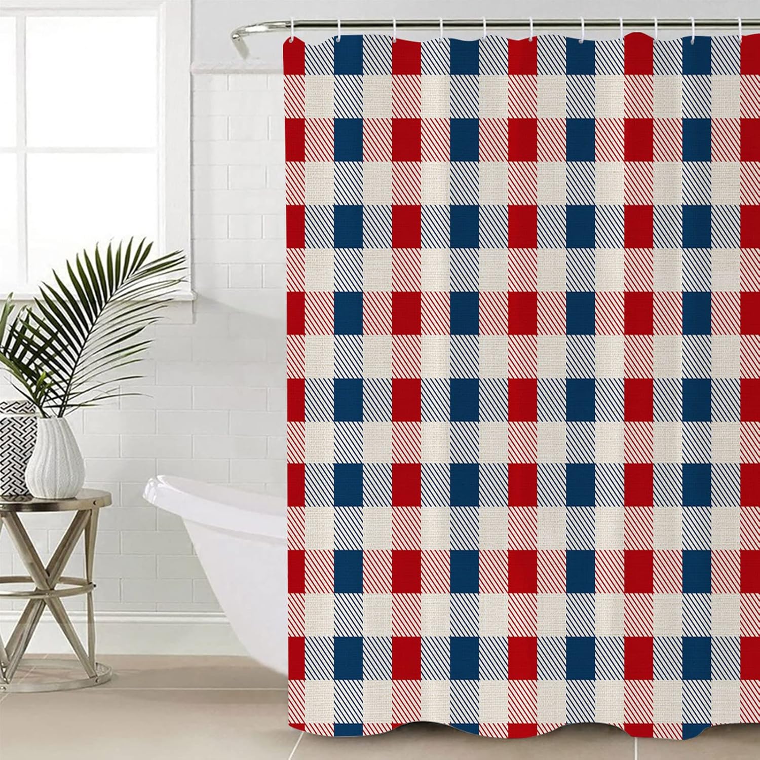 GeoPrint Plaid Waterproof Shower Curtain Set for 4th of July Independence Day