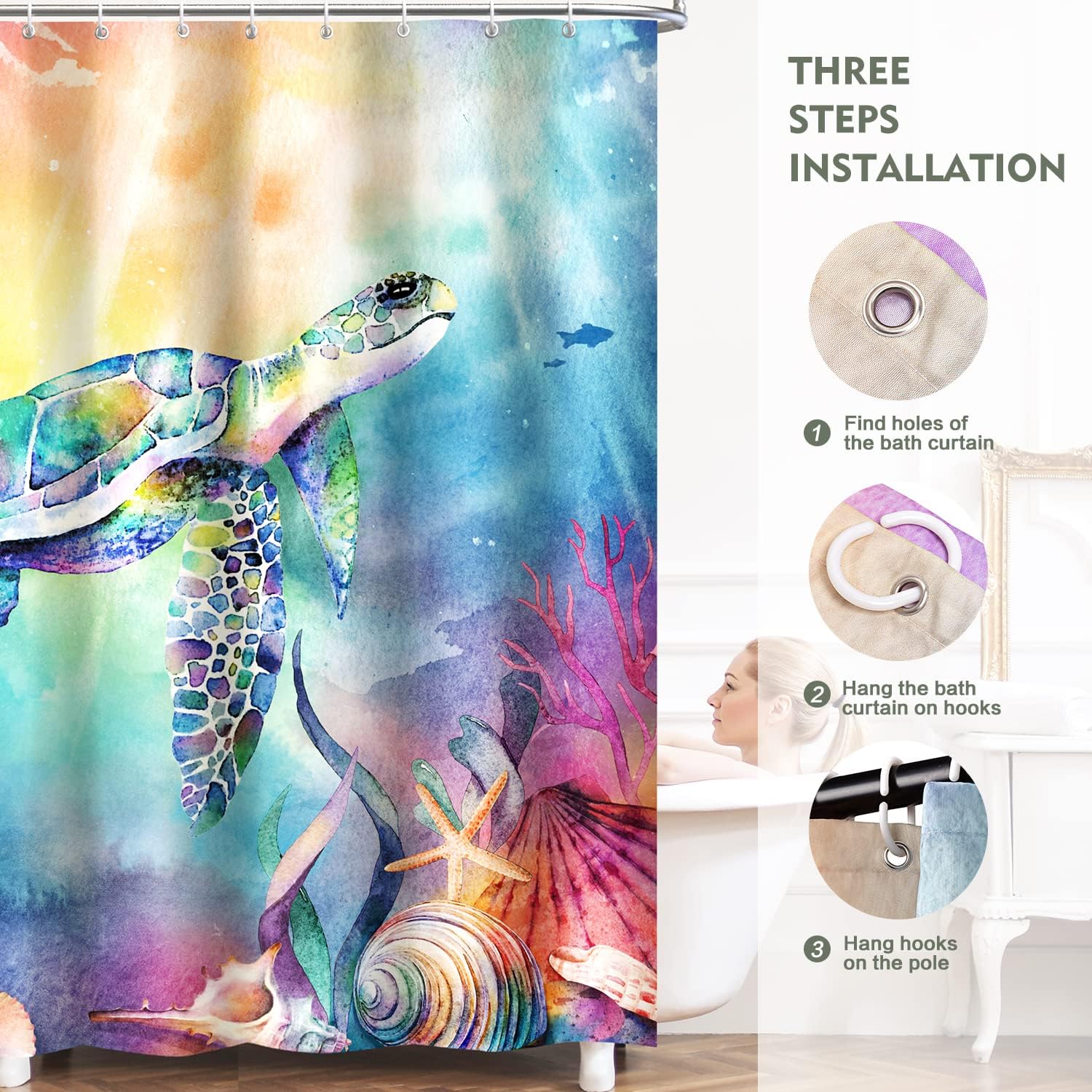 Lokigo Blue Ocean Turtle Shower Curtain Set Waterproof Bathroom Decor
