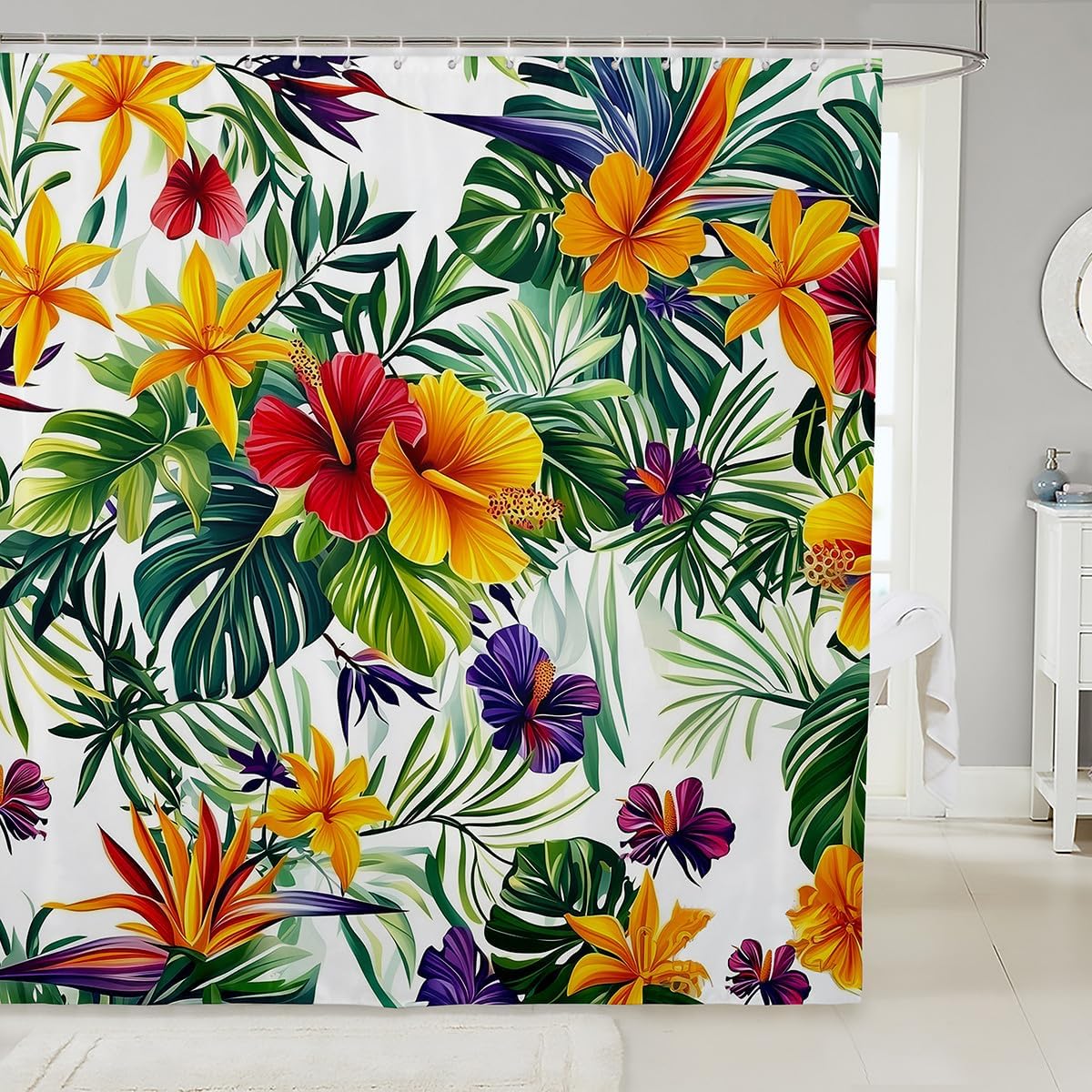 Tropical Flower Shower Curtain Set 72x84 Green Palm Leaves