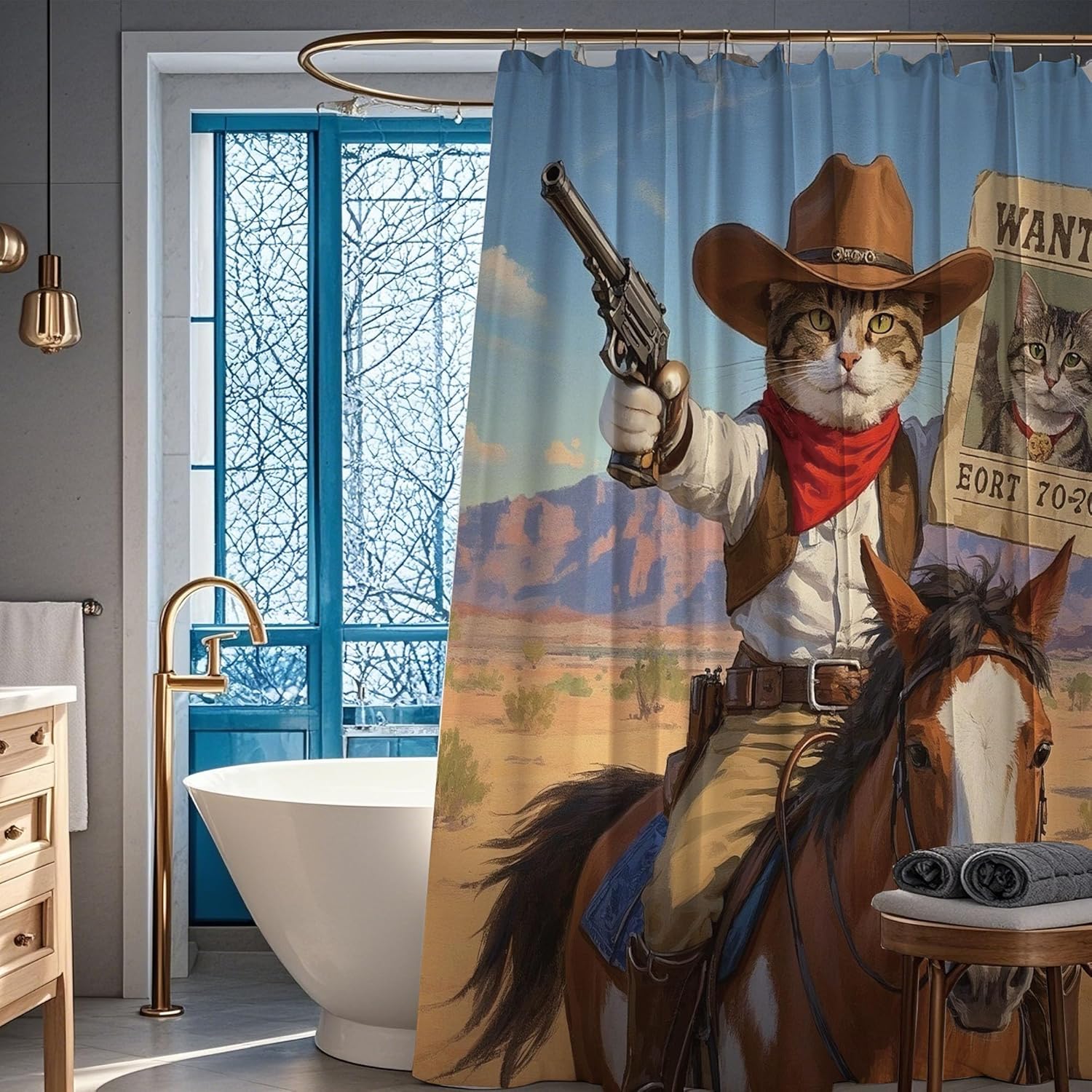Adorable Cowboy Cats Shower Curtain Set for Kids